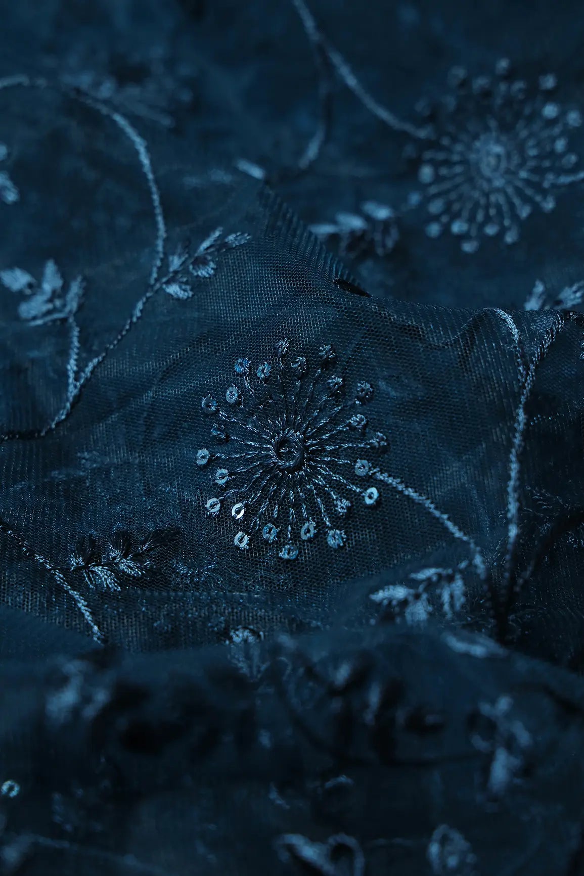 Blue Sequins With Blue Thread Floral Embroidery On Prussian Blue Soft Net Fabric