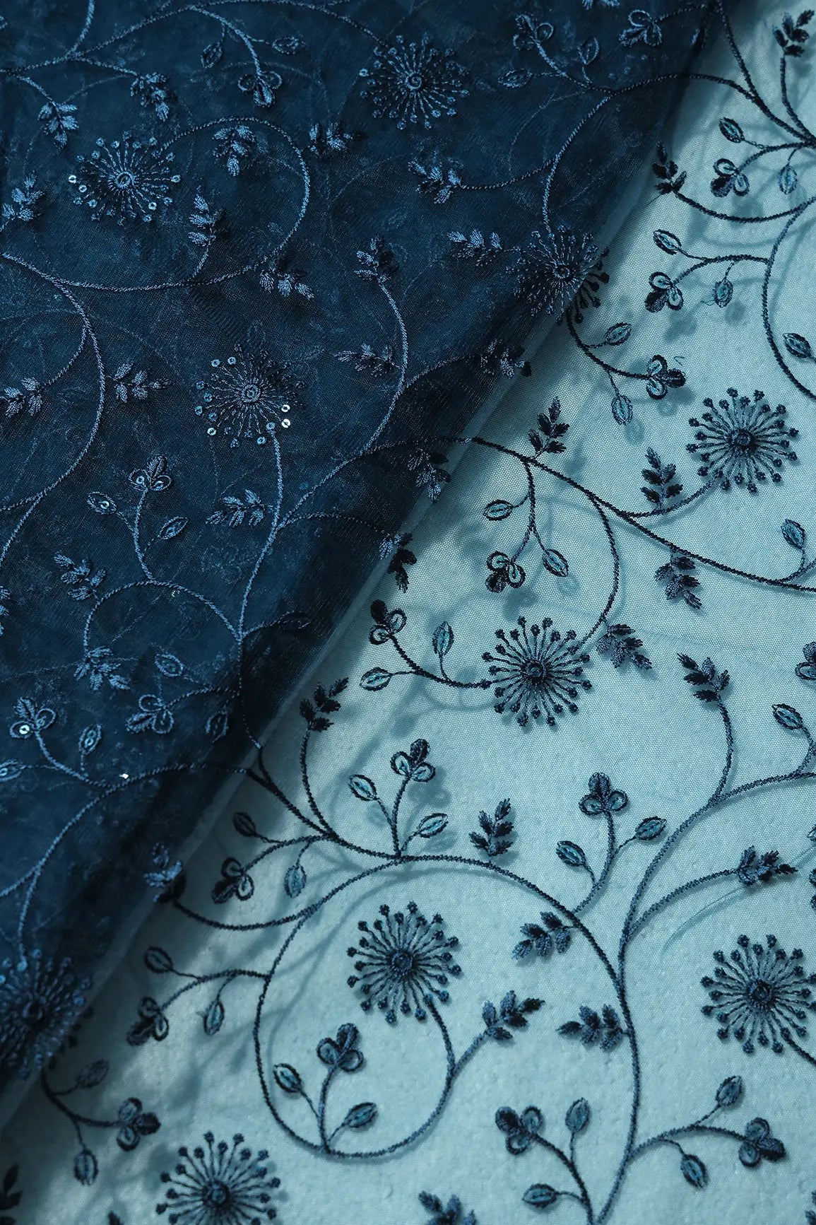 Blue Sequins With Blue Thread Floral Embroidery On Prussian Blue Soft Net Fabric