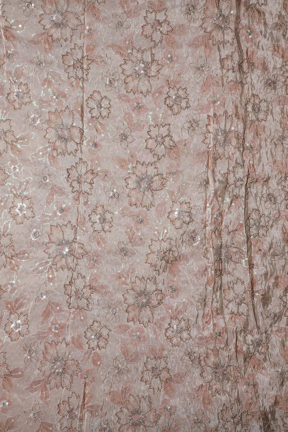 Floral Position Print On Sequins With Beads Embroidery Light Beige Viscose Zari Tissue Fabric