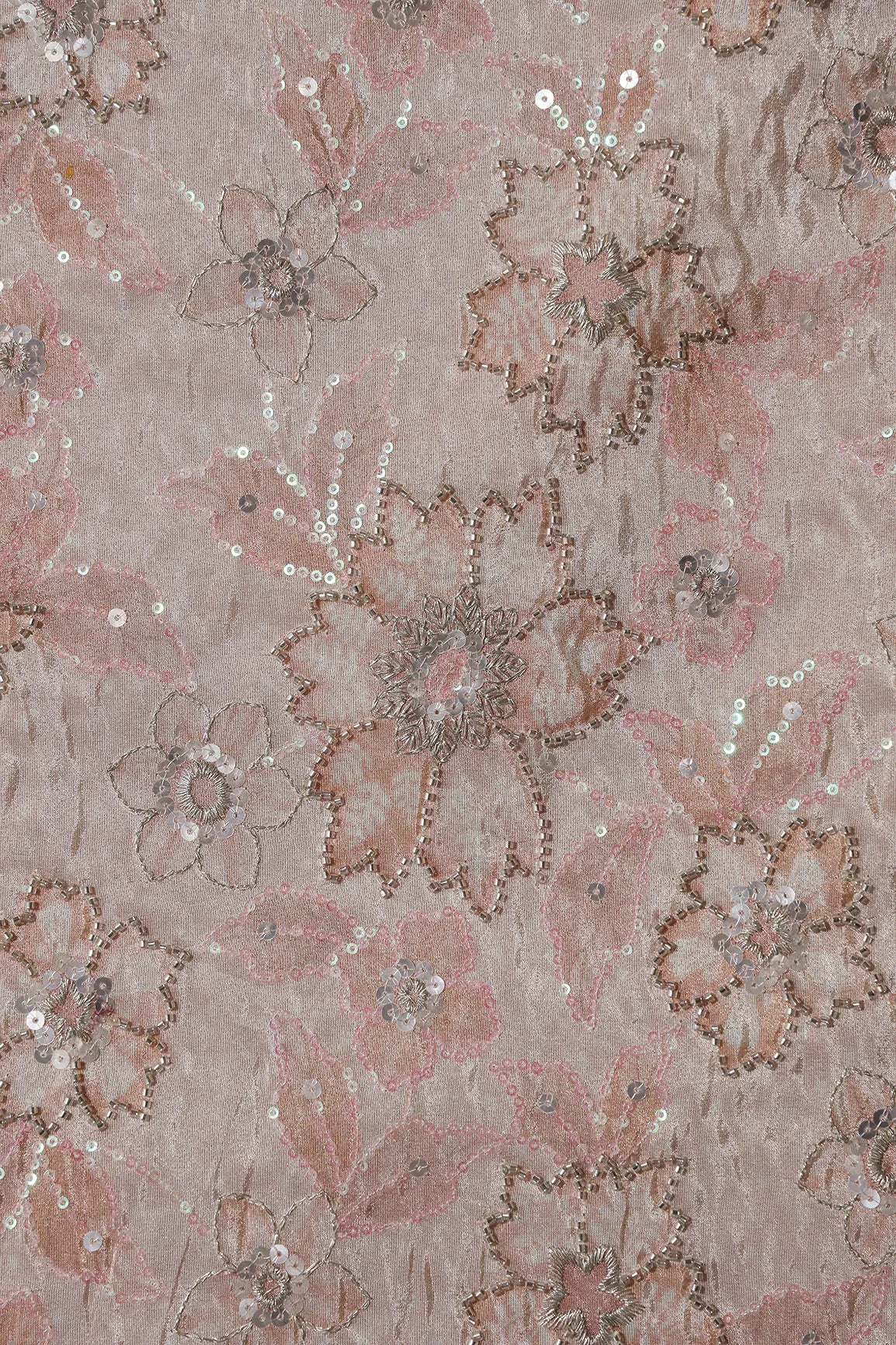 Floral Position Print On Sequins With Beads Embroidery Light Beige Viscose Zari Tissue Fabric