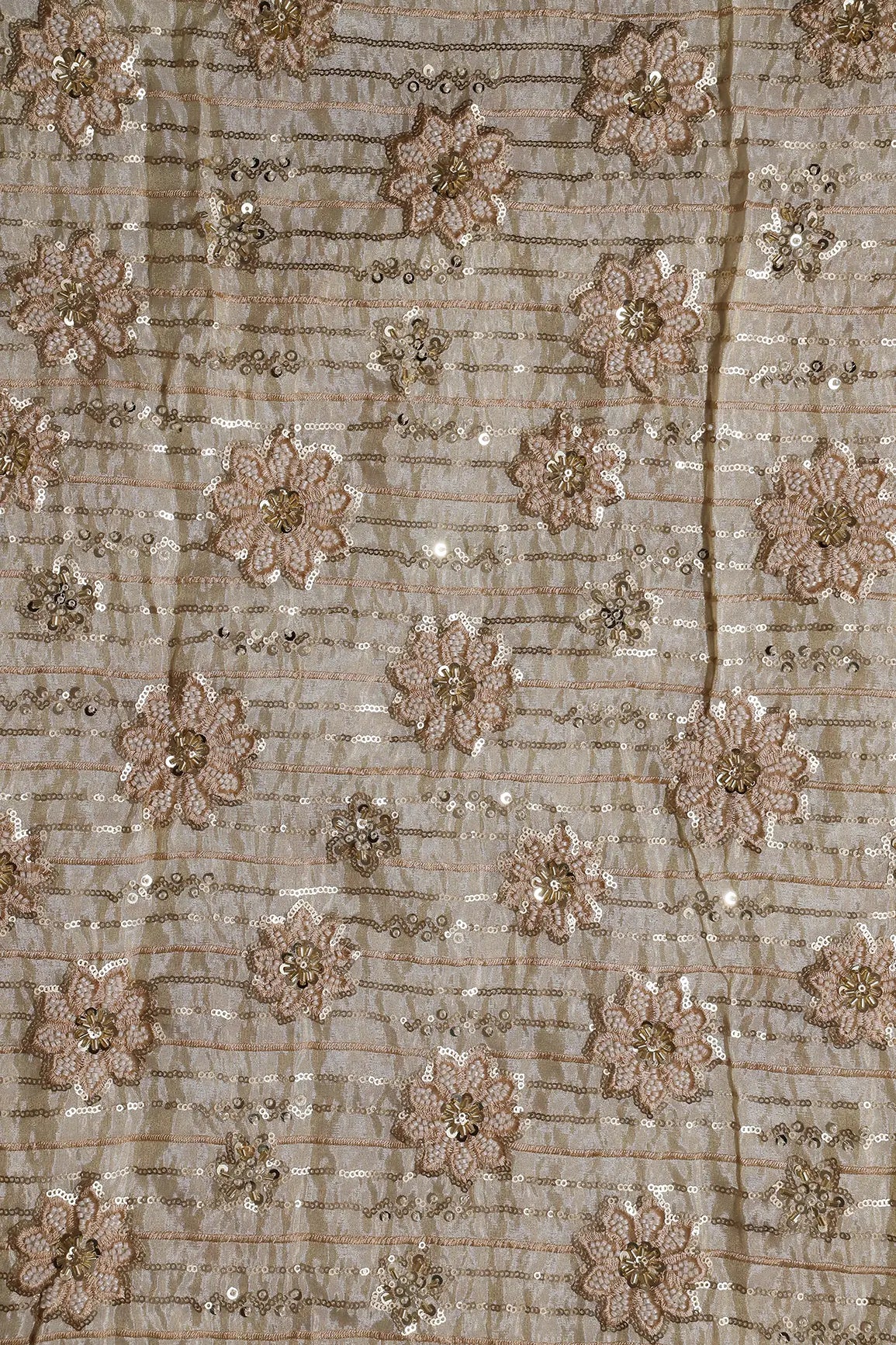 Gold Sequins With Beads Floral Embroidery On Dyeable Viscose Zari Tissue Fabric