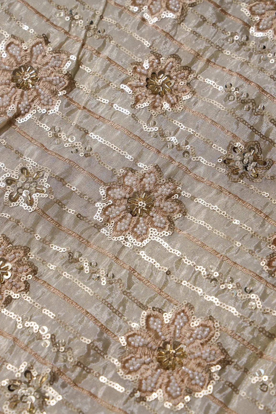 Gold Sequins With Beads Floral Embroidery On Dyeable Viscose Zari Tissue Fabric