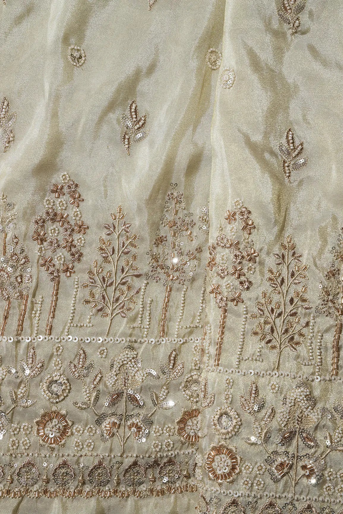 Big Width 56 Gold Sequins With Beads Floral Booti Embroidery On Dyeable Viscose Zari Tissue Fabric With Floral Border