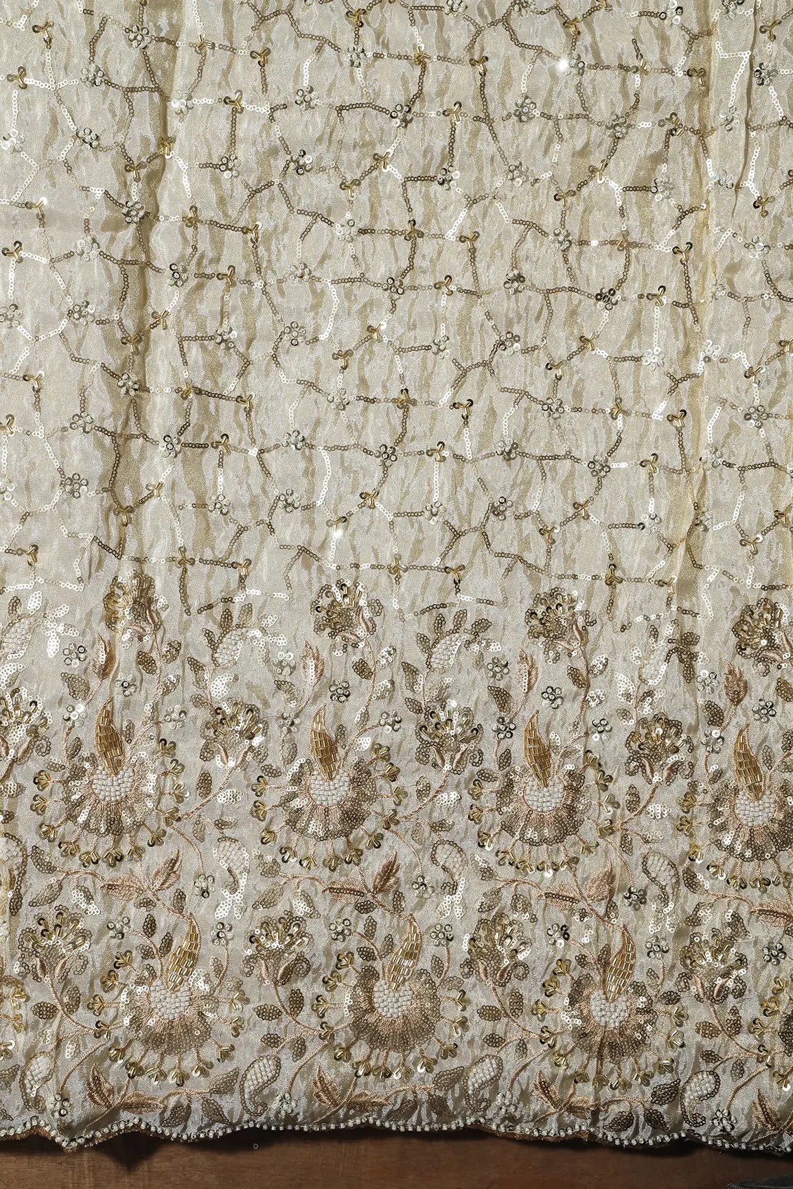 Big Width 56 Gold Sequins With Beads Geometric Embroidery On Dyeable Viscose Zari Tissue Fabric With Floral Border