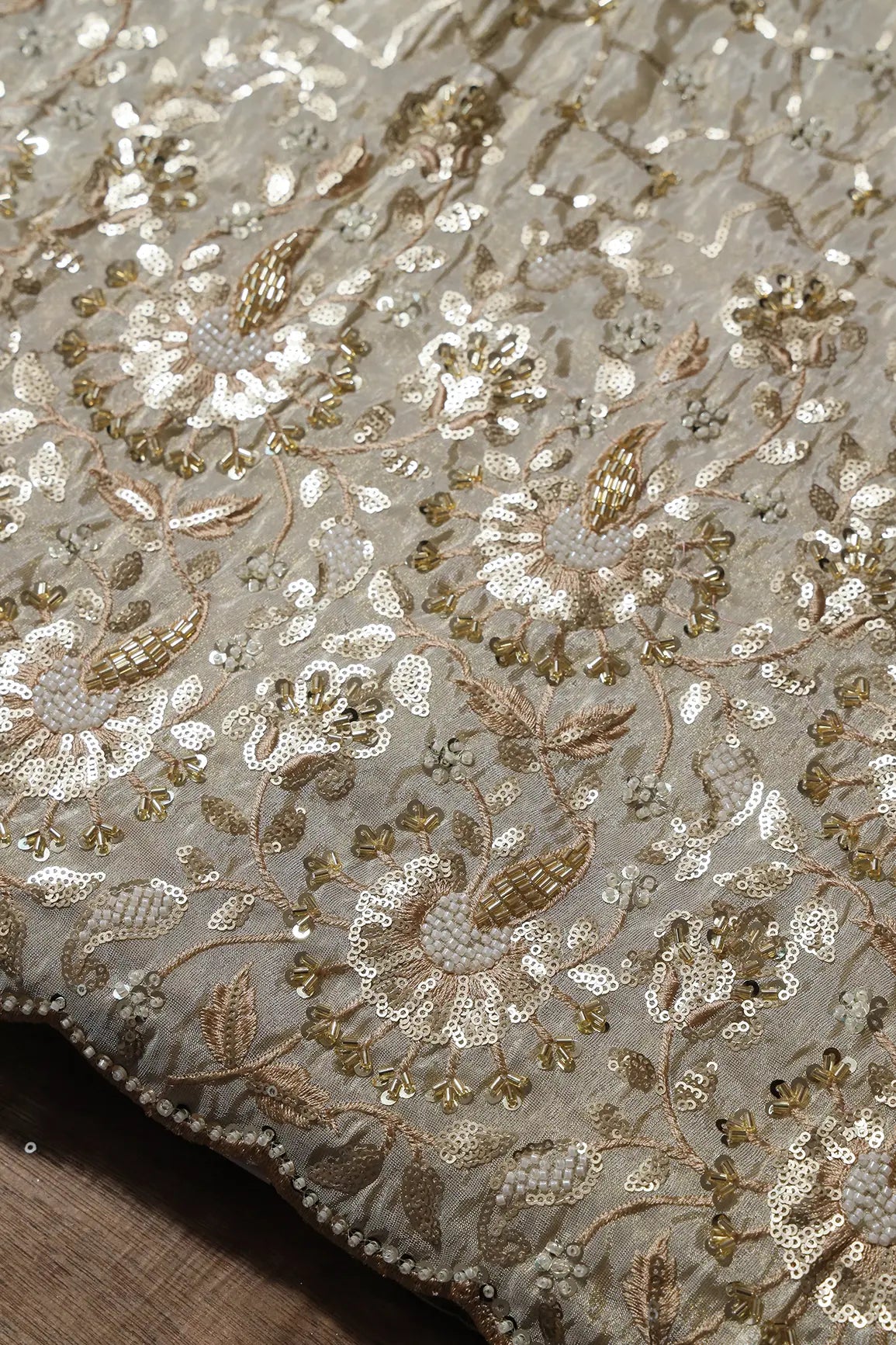 Big Width 56 Gold Sequins With Beads Geometric Embroidery On Dyeable Viscose Zari Tissue Fabric With Floral Border