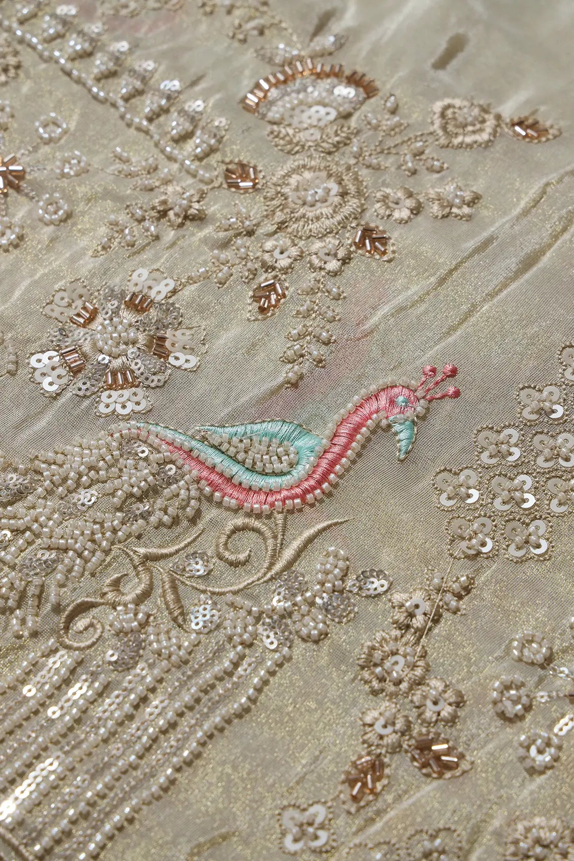 Big Width 56 Gold Sequins With Beads Floral Booti Embroidery On Dyeable Viscose Zari Tissue Fabric With Peacock Border