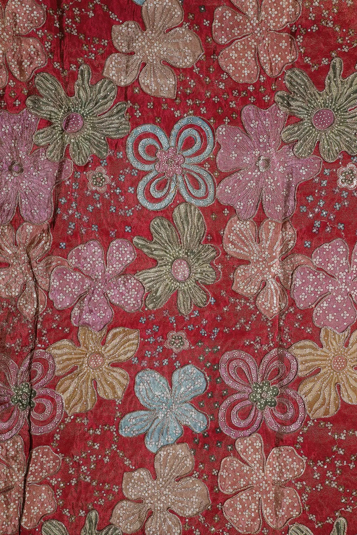 Floral Position Print On Sequins With Zari Embroidery Red Viscose Zari Tissue Fabric