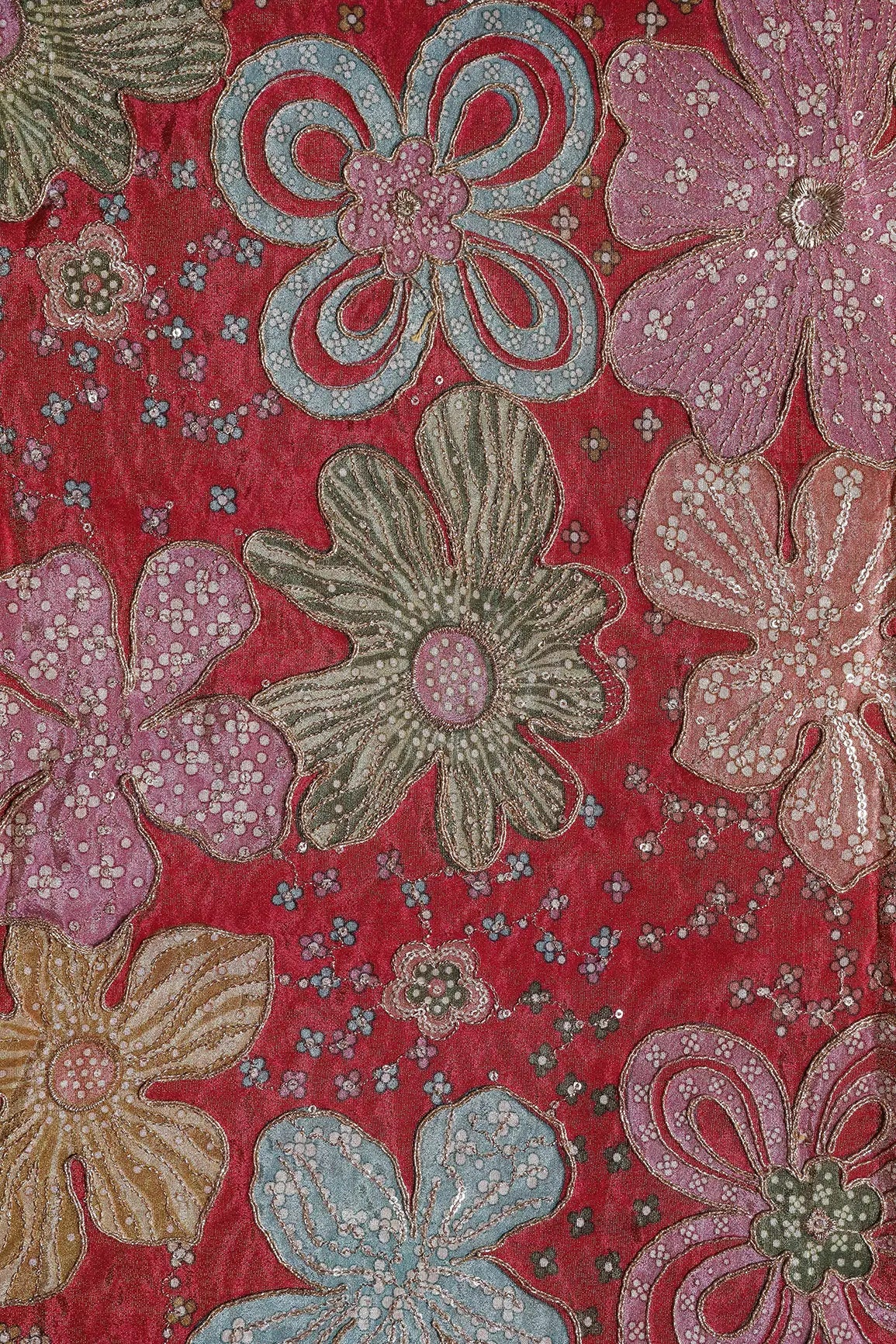 Floral Position Print On Sequins With Zari Embroidery Red Viscose Zari Tissue Fabric