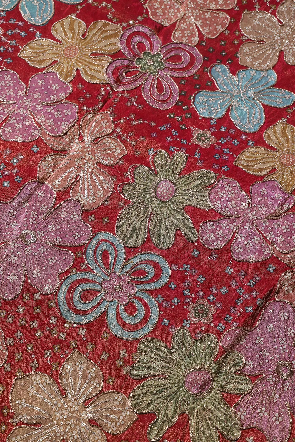 Floral Position Print On Sequins With Zari Embroidery Red Viscose Zari Tissue Fabric