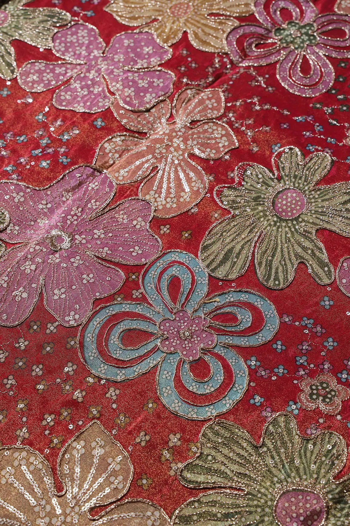 Floral Position Print On Sequins With Zari Embroidery Red Viscose Zari Tissue Fabric