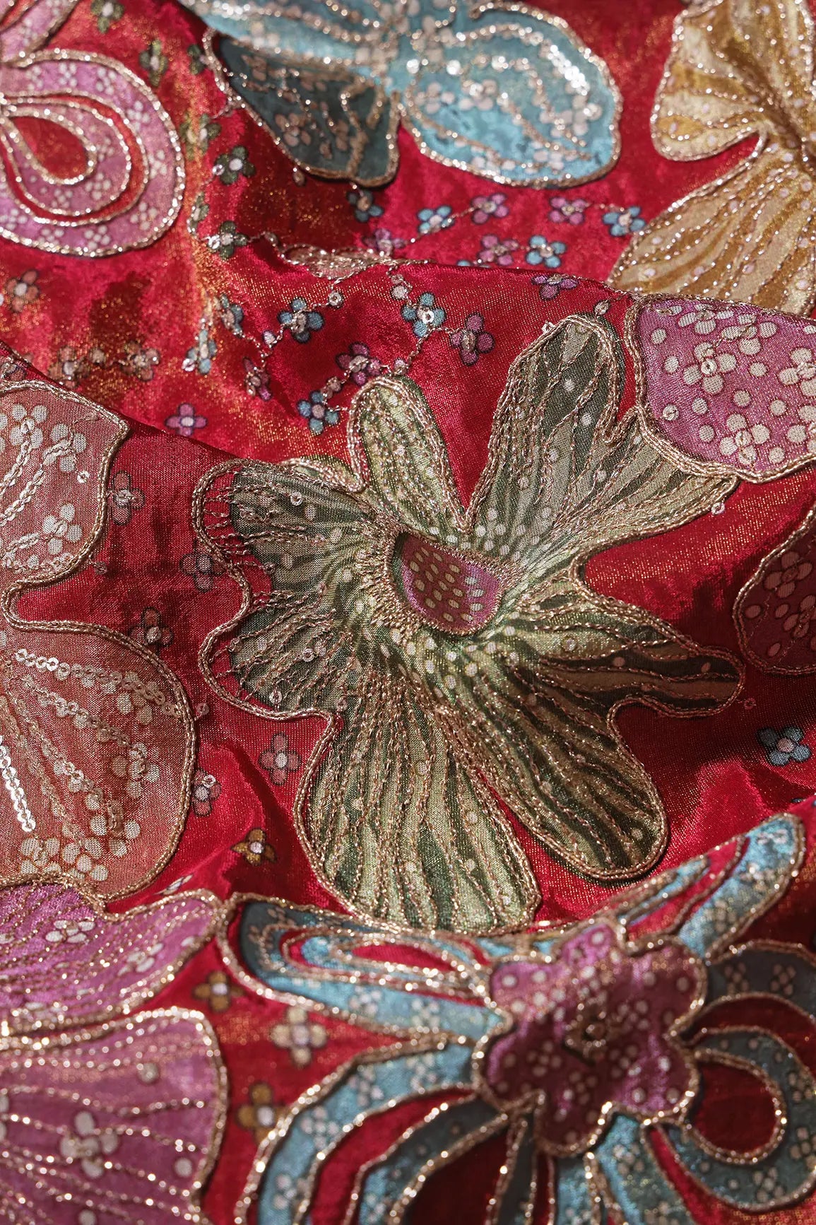 Floral Position Print On Sequins With Zari Embroidery Red Viscose Zari Tissue Fabric