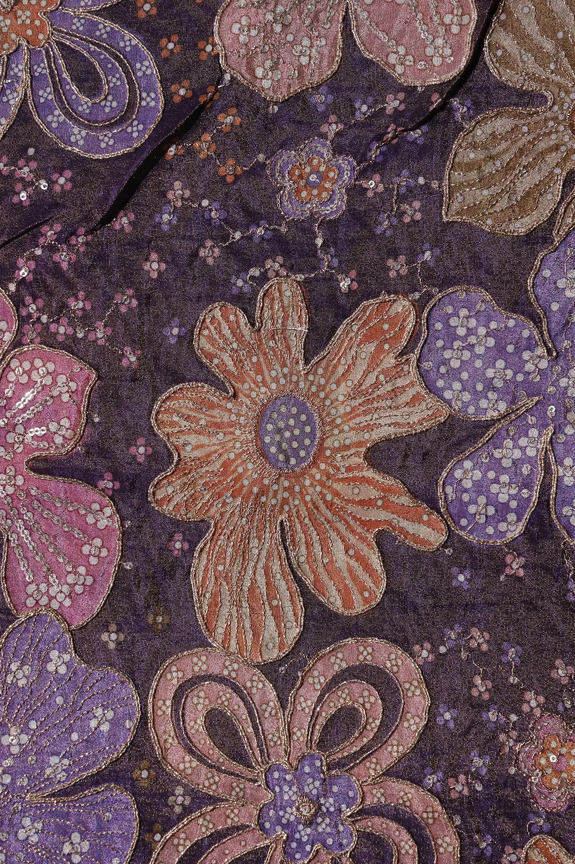 Floral Position Print On Sequins With Zari Embroidery Purple Viscose Zari Tissue Fabric