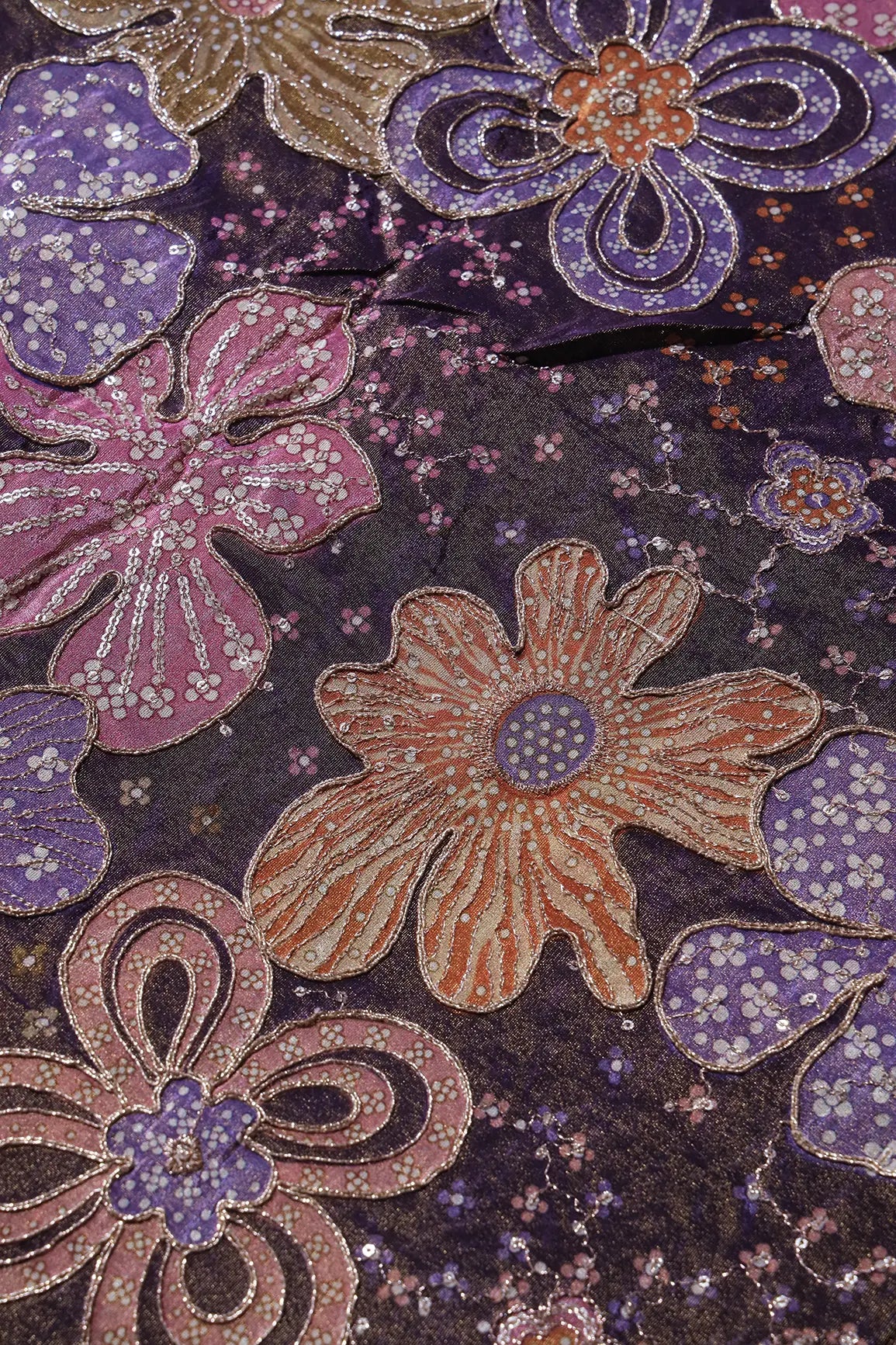 Floral Position Print On Sequins With Zari Embroidery Purple Viscose Zari Tissue Fabric