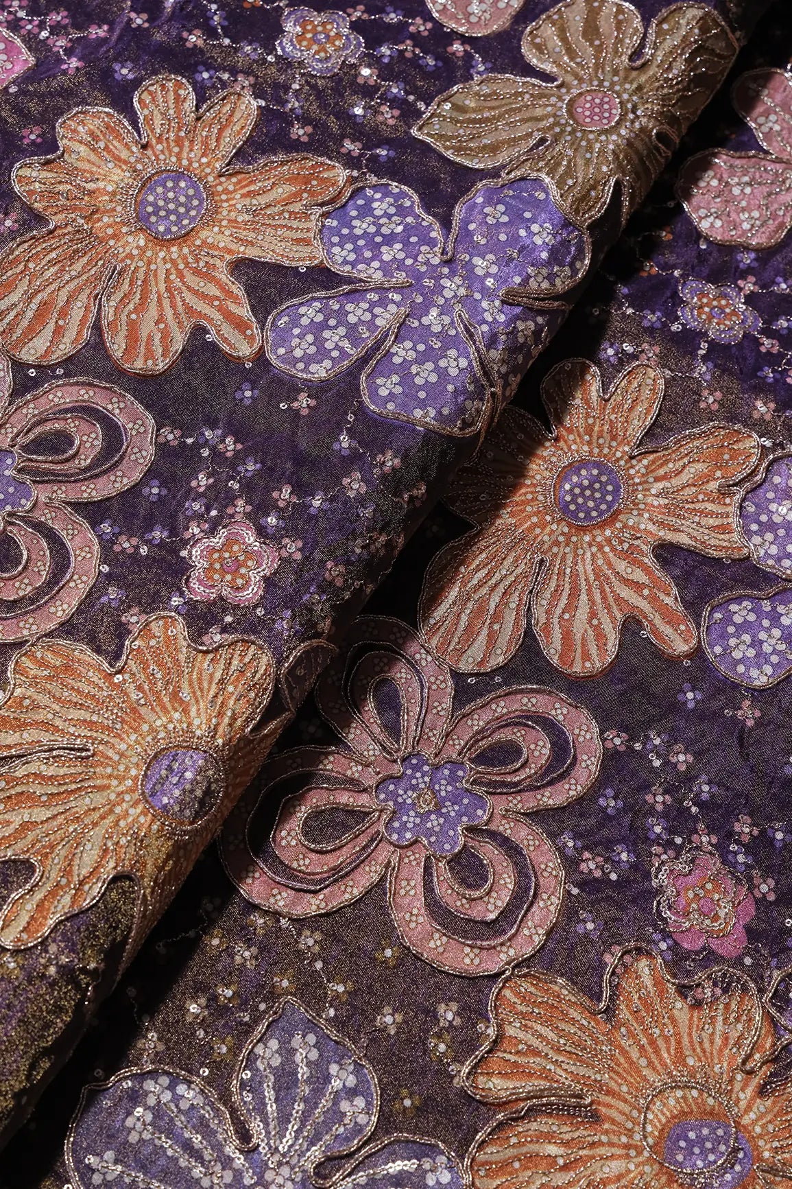 Floral Position Print On Sequins With Zari Embroidery Purple Viscose Zari Tissue Fabric