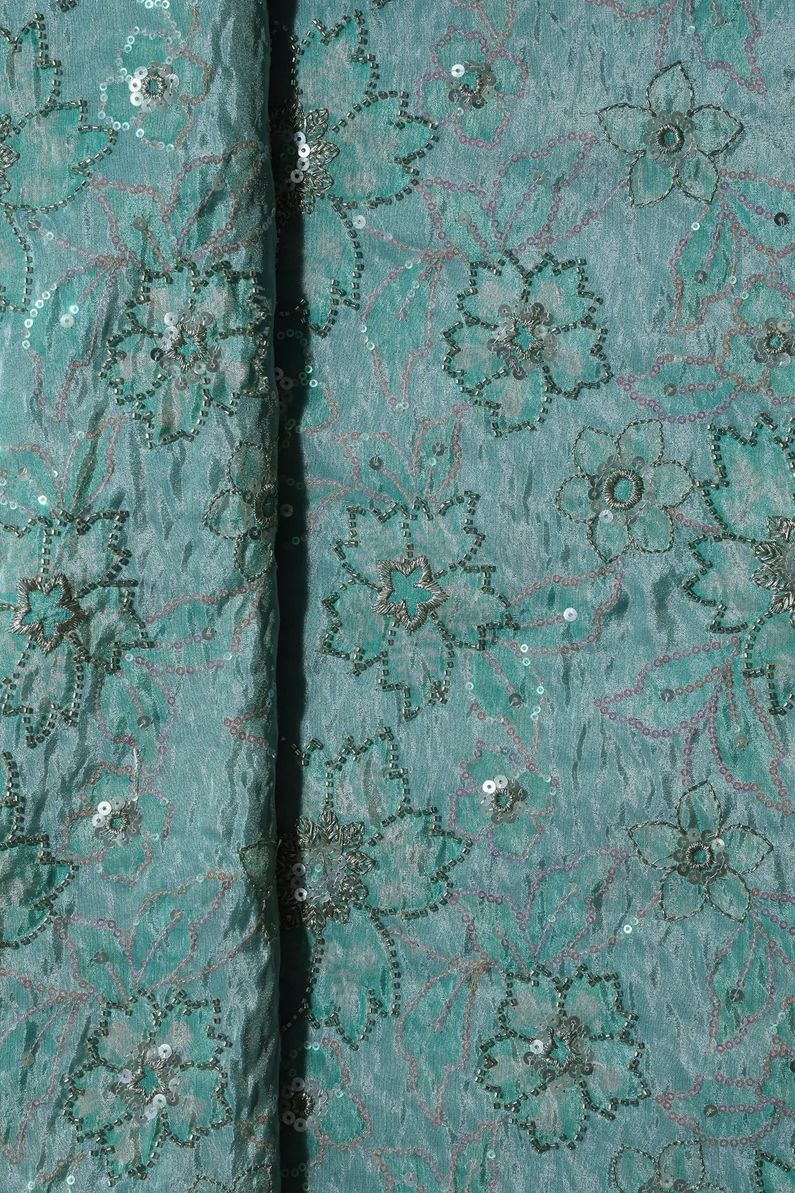 Floral Position Print On Sequins With Beads Embroidery Teal Viscose Zari Tissue Fabric Fabric