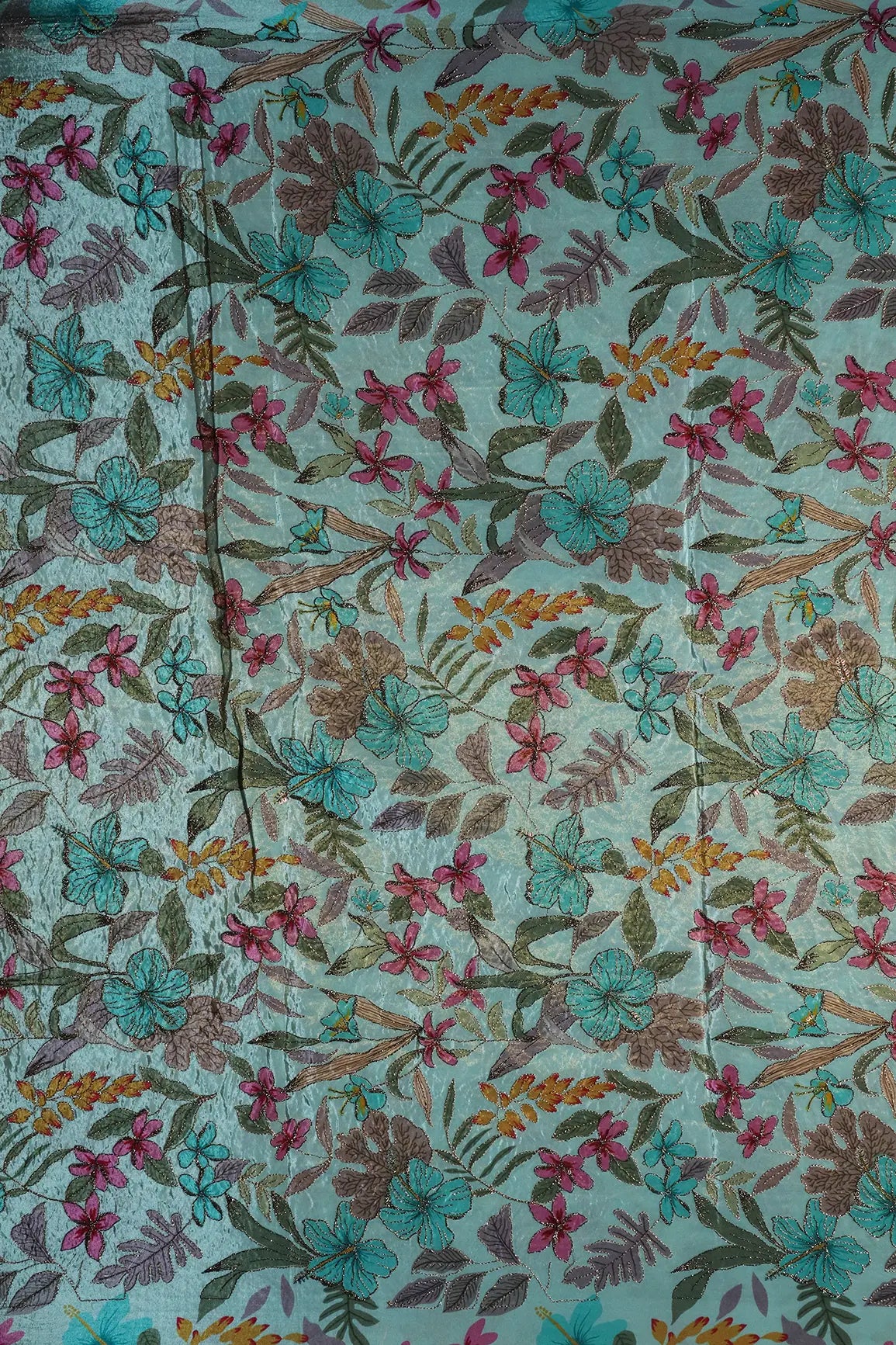 Floral Position Print On Zari Embroidery Teal Viscose Zari Tissue Fabric