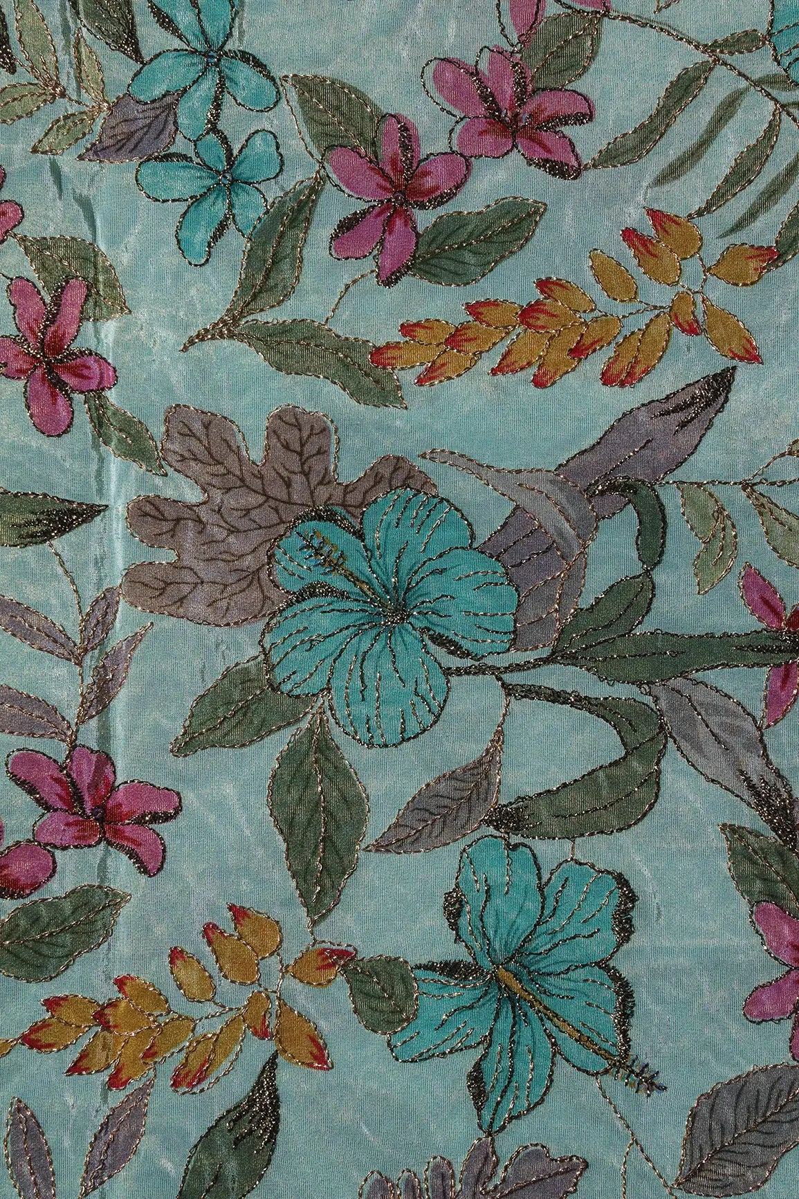 Floral Position Print On Zari Embroidery Teal Viscose Zari Tissue Fabric