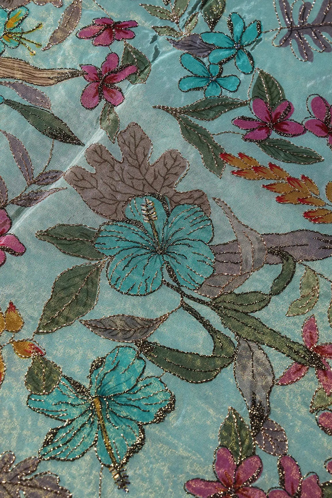 Floral Position Print On Zari Embroidery Teal Viscose Zari Tissue Fabric