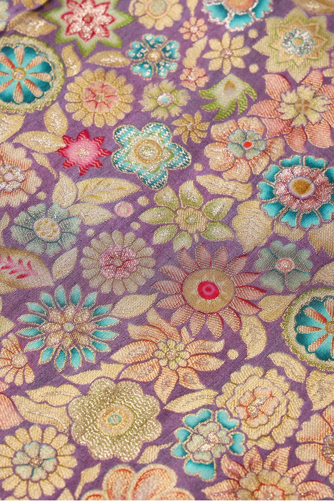 Positional Floral Print On Lilac Viscose Dola Silk Jacquard Fabric