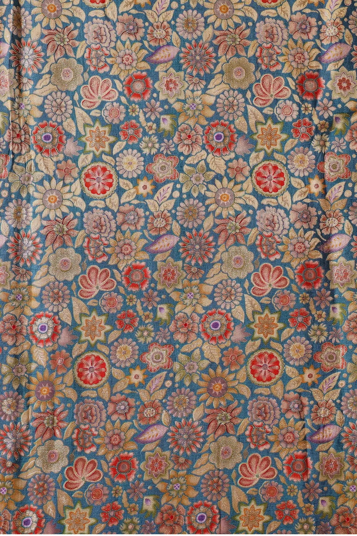 Positional Floral Print On Blue Viscose Dola Silk Jacquard Fabric