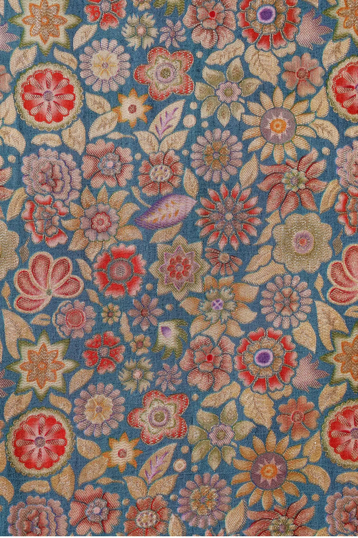 Positional Floral Print On Blue Viscose Dola Silk Jacquard Fabric