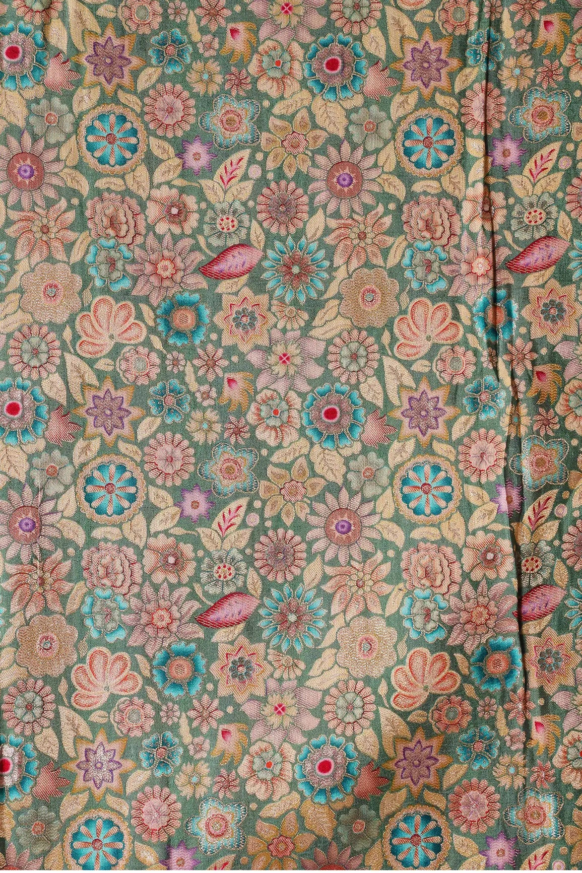 Positional Floral Print On Olive Viscose Dola Silk Jacquard Fabric