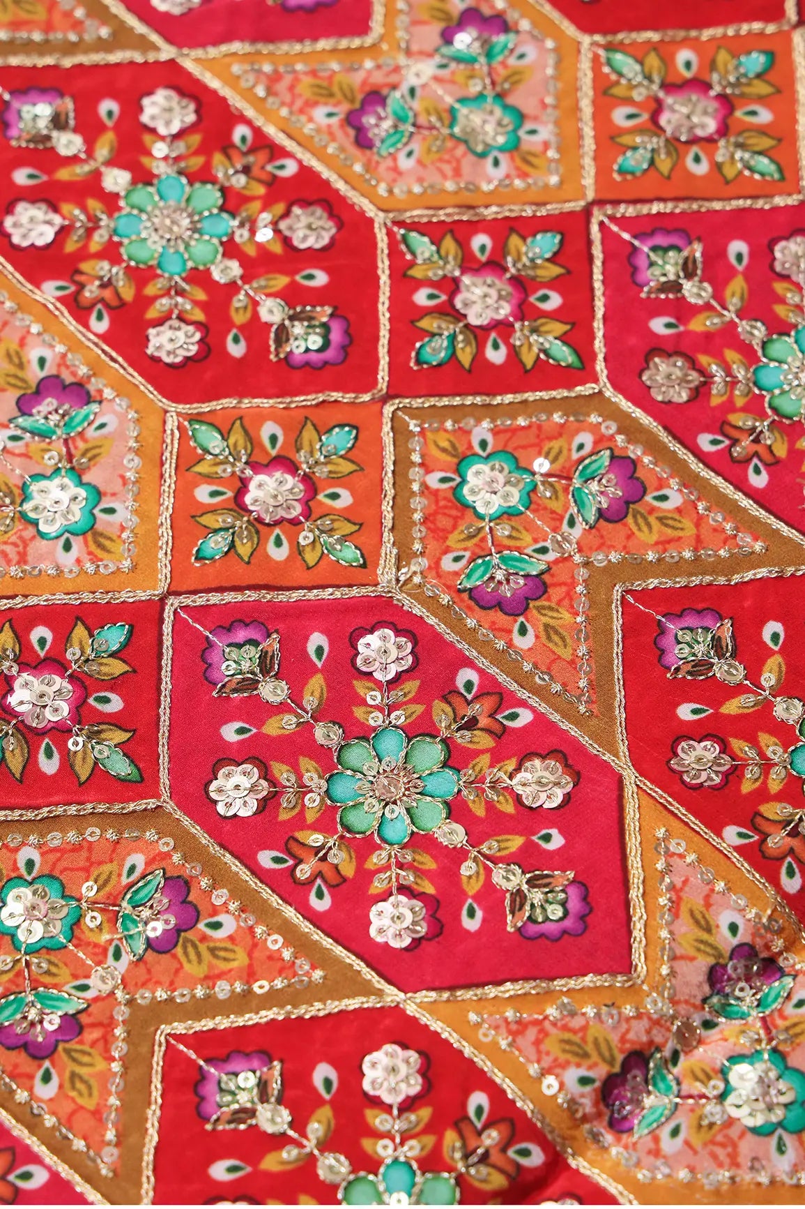 Red And Orange Traditional Positional Print With Gold Zari And Sequins Embroidery On Crepe Fabric