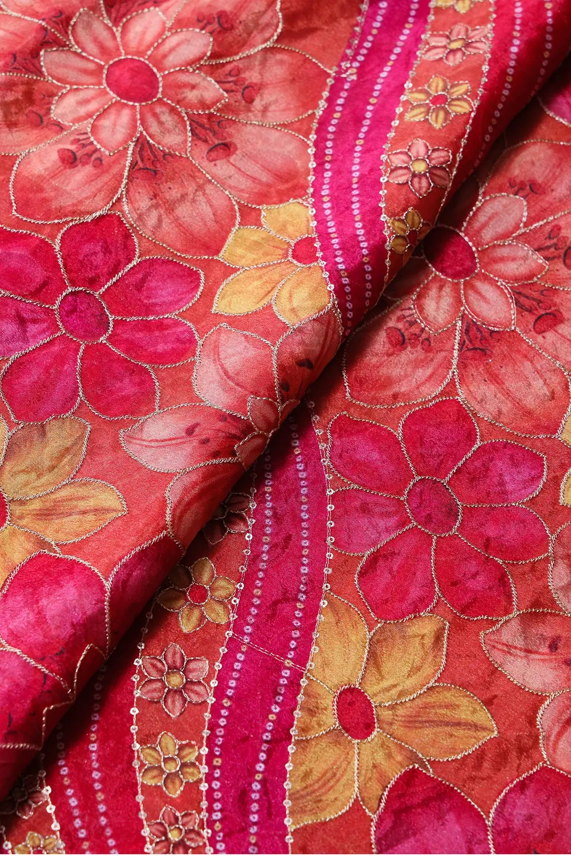 Sequins With Gold Zari Floral Embroidery On Red And Fuchsia Chinnon Chiffon Fabric