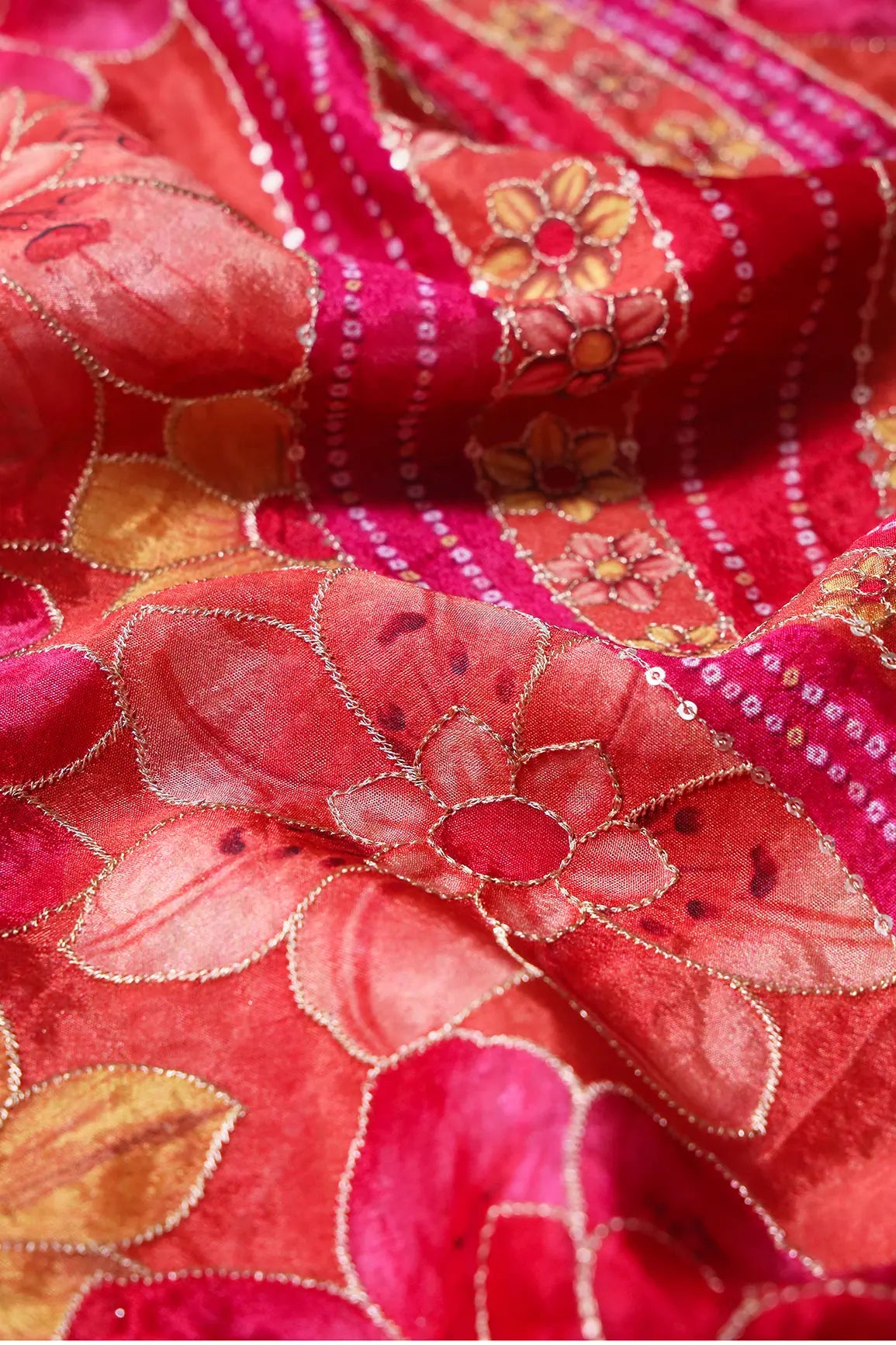 Sequins With Gold Zari Floral Embroidery On Red And Fuchsia Chinnon Chiffon Fabric