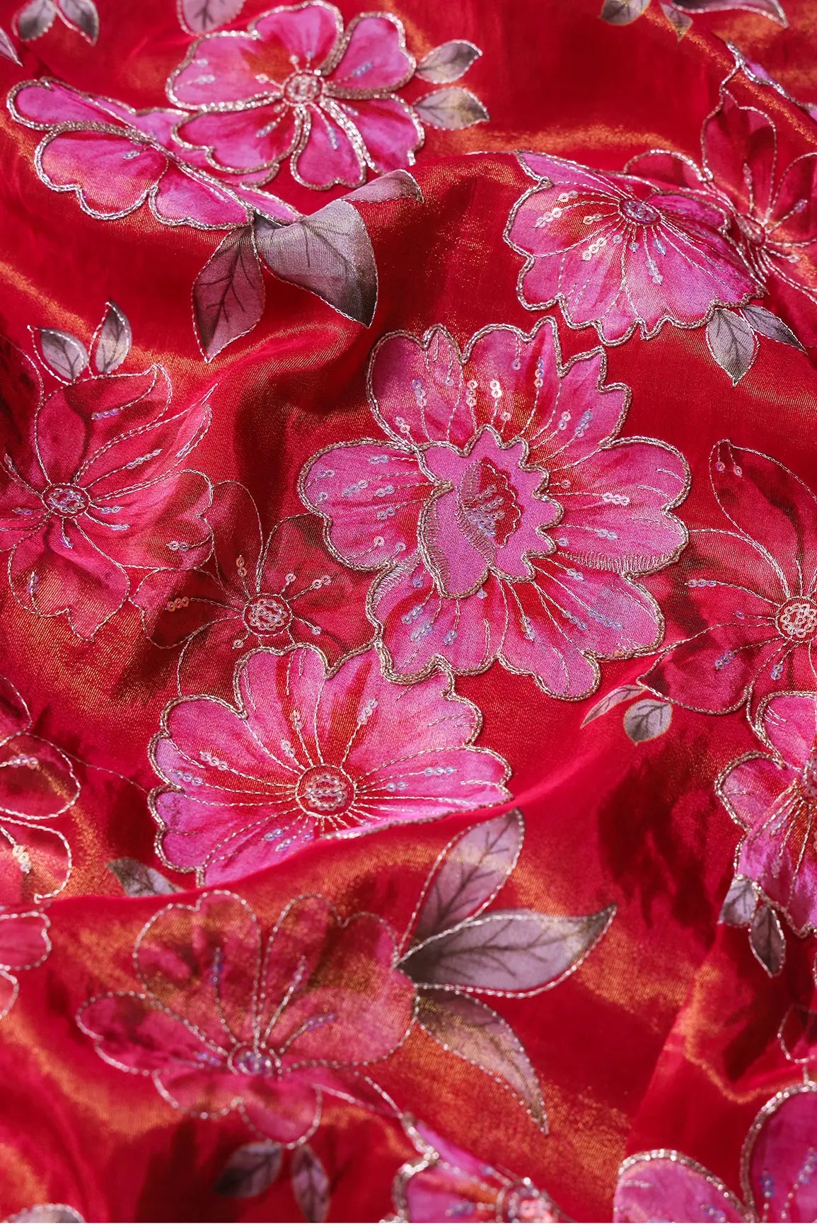 Floral Position Print On Sequins With Zari Embroidery Red Viscose Zari Tissue Fabric