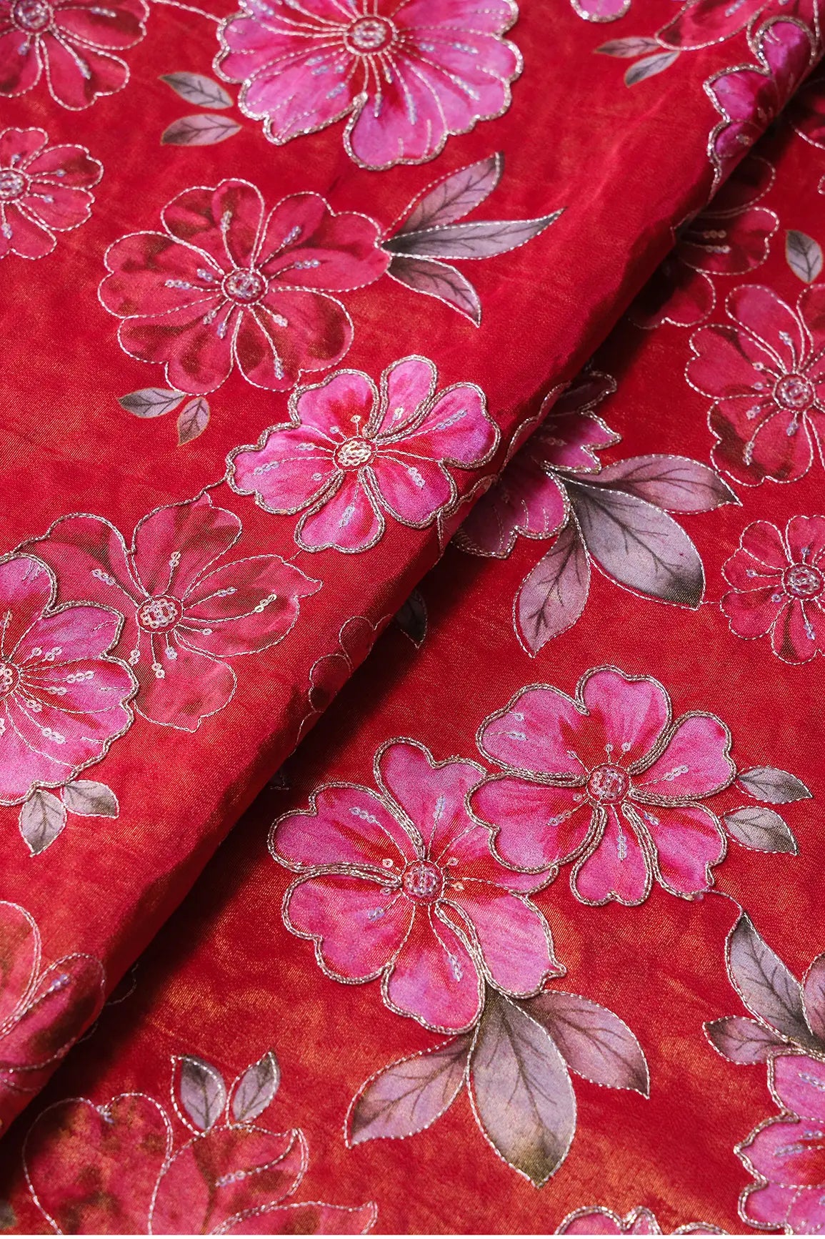 Floral Position Print On Sequins With Zari Embroidery Red Viscose Zari Tissue Fabric