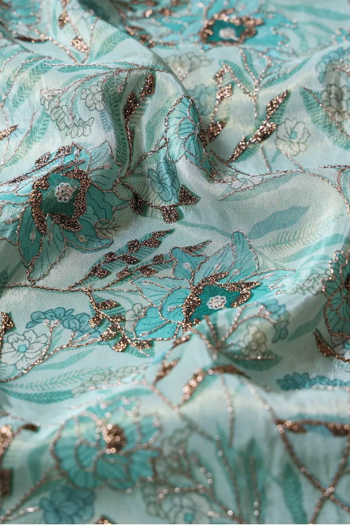 Floral Position Print On Gold Zari With Sequins Embroidery Teal Viscose Zari Tissue Fabric