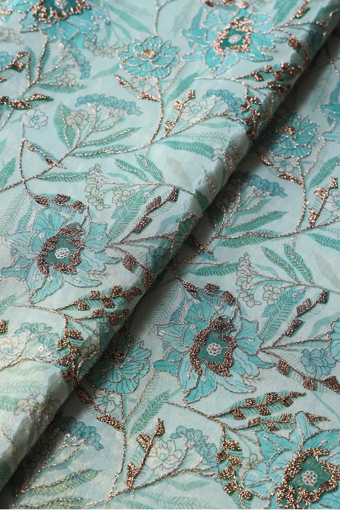 Floral Position Print On Gold Zari With Sequins Embroidery Teal Viscose Zari Tissue Fabric