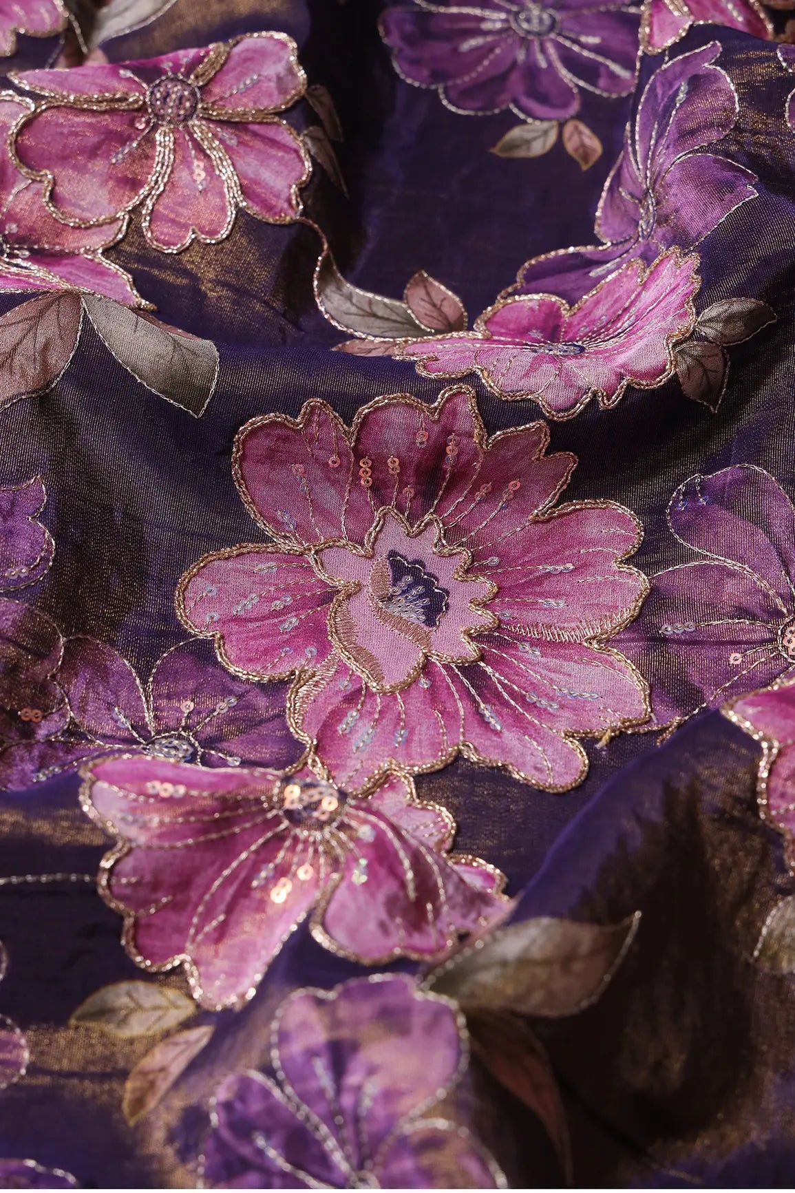 Floral Position Print On Sequins With Zari Embroidery Purple Viscose Zari Tissue Fabric