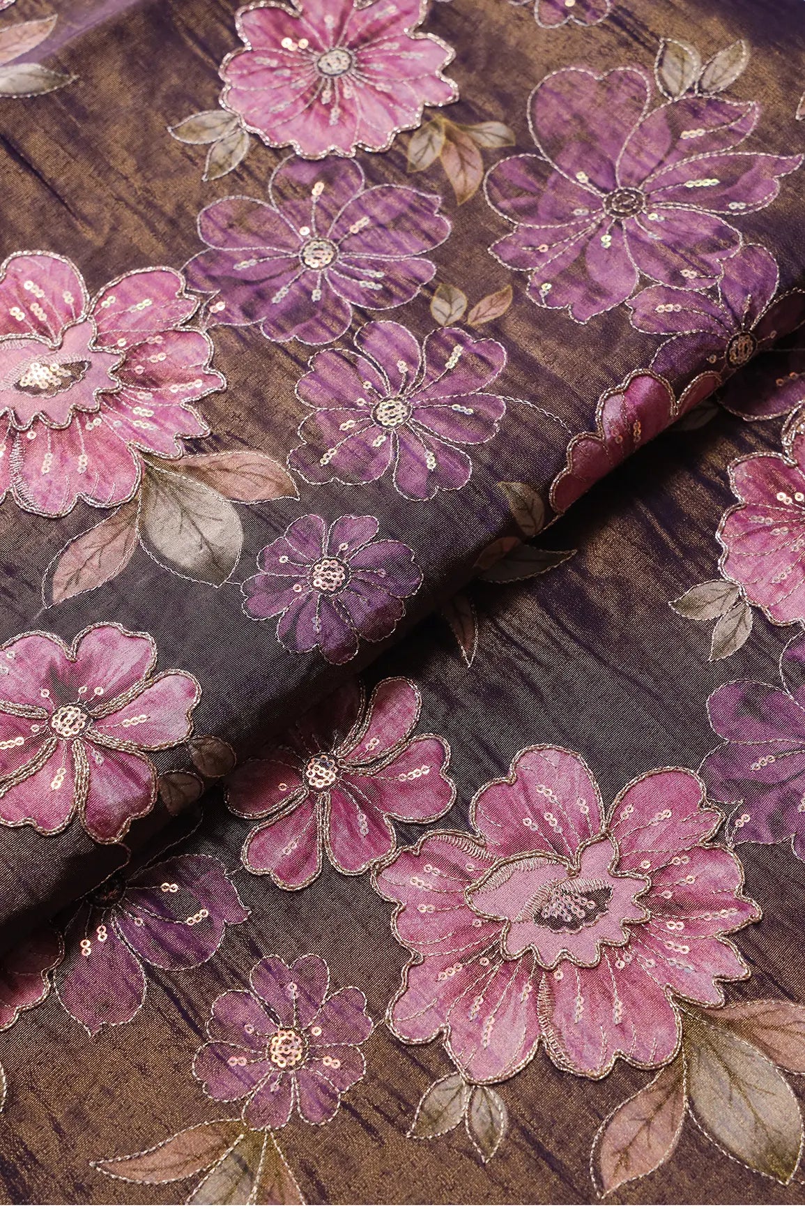 Floral Position Print On Sequins With Zari Embroidery Purple Viscose Zari Tissue Fabric