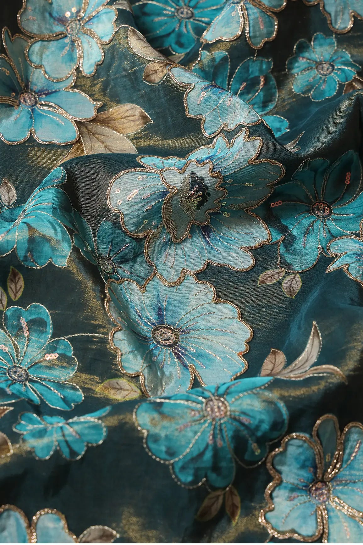 Floral Position Print On Sequins With Zari Embroidery Rama Viscose Zari Tissue Fabric