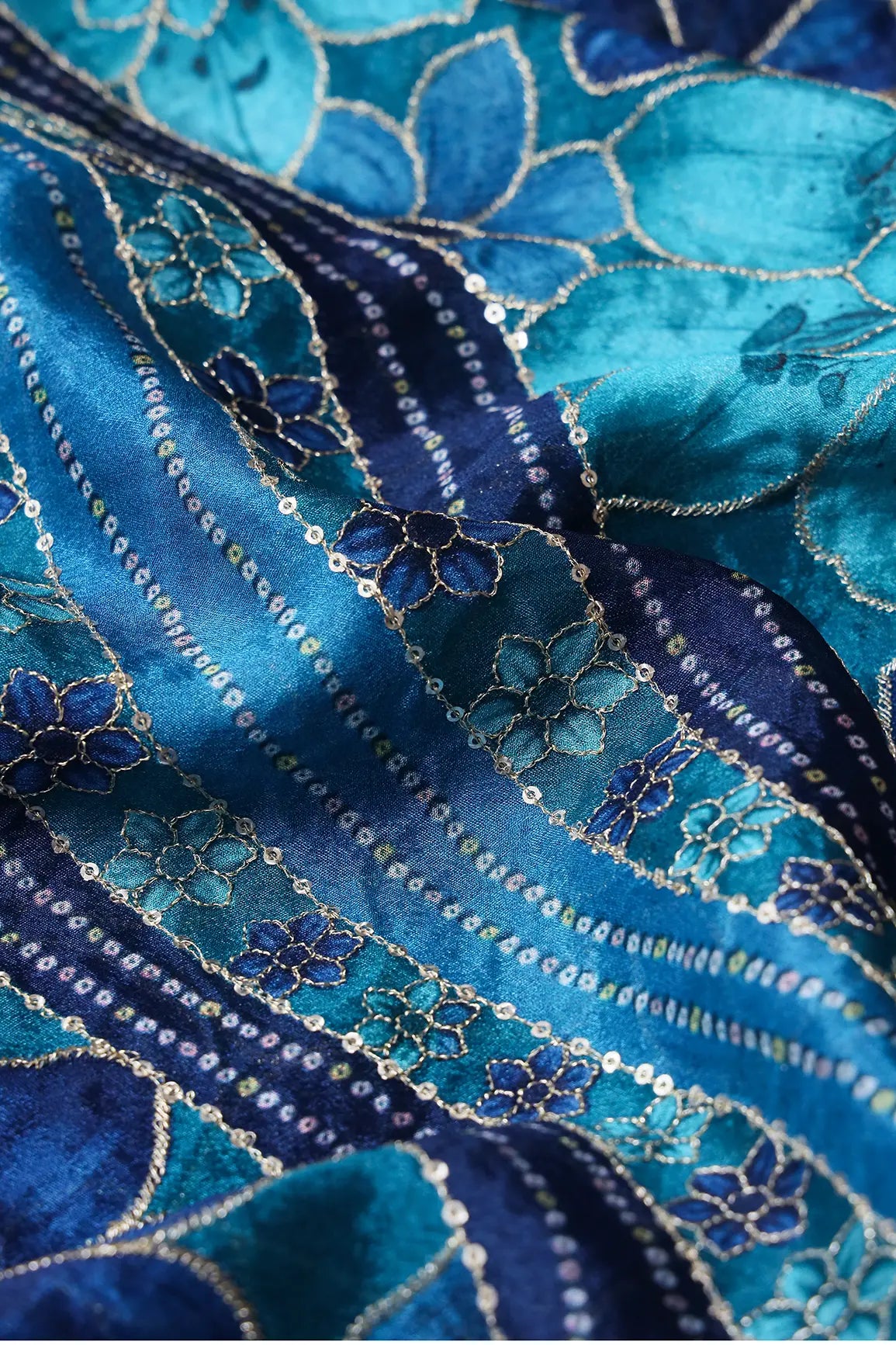 Sequins With Gold Zari Floral Embroidery On Blue And Rama Chinnon Chiffon Fabric