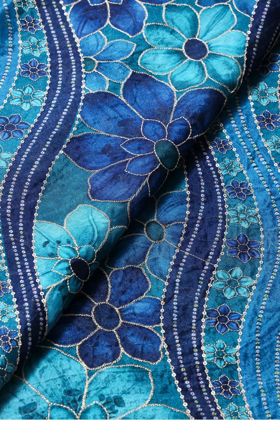 Sequins With Gold Zari Floral Embroidery On Blue And Rama Chinnon Chiffon Fabric