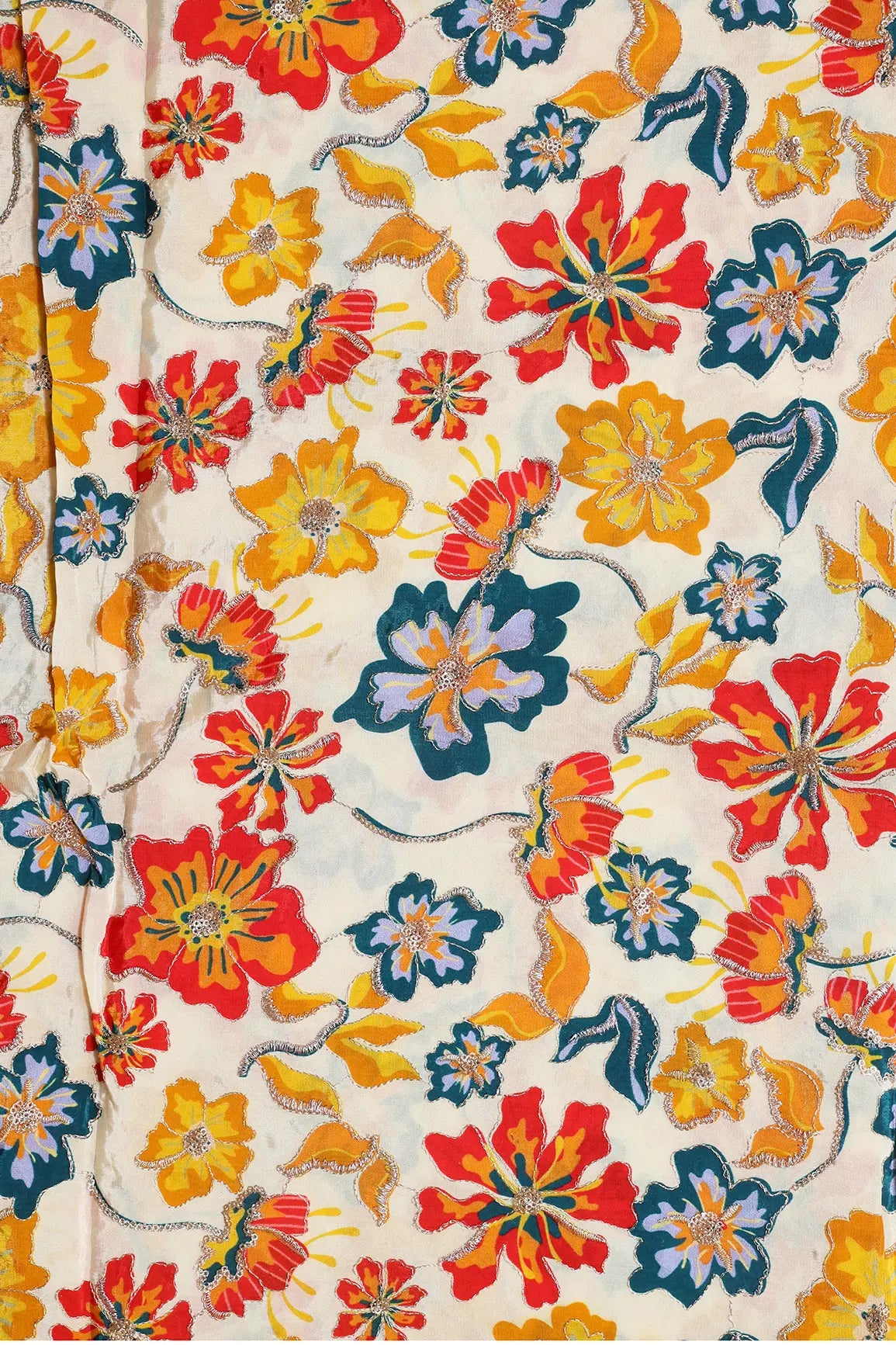 Red And Yellow Floral Positional Print With Gold Zari And Sequins Embroidery On Crepe Fabric