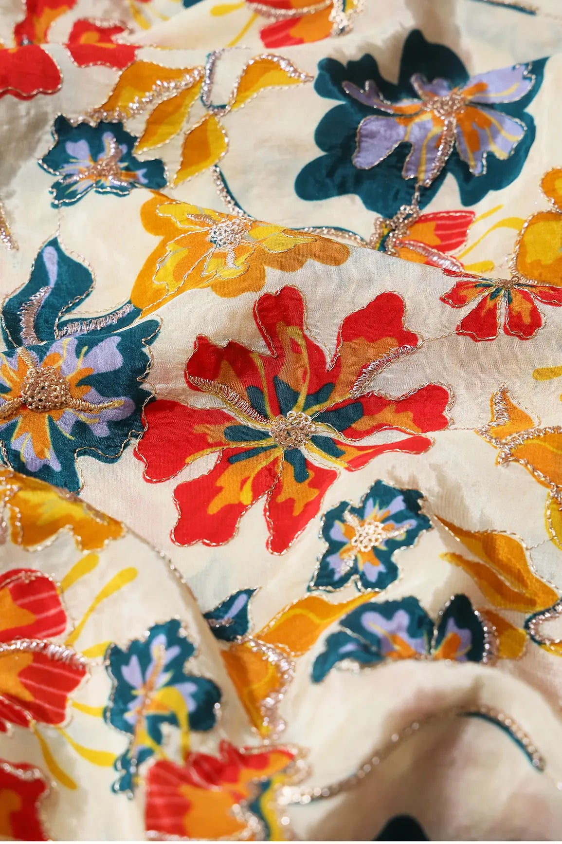 Red And Yellow Floral Positional Print With Gold Zari And Sequins Embroidery On Crepe Fabric