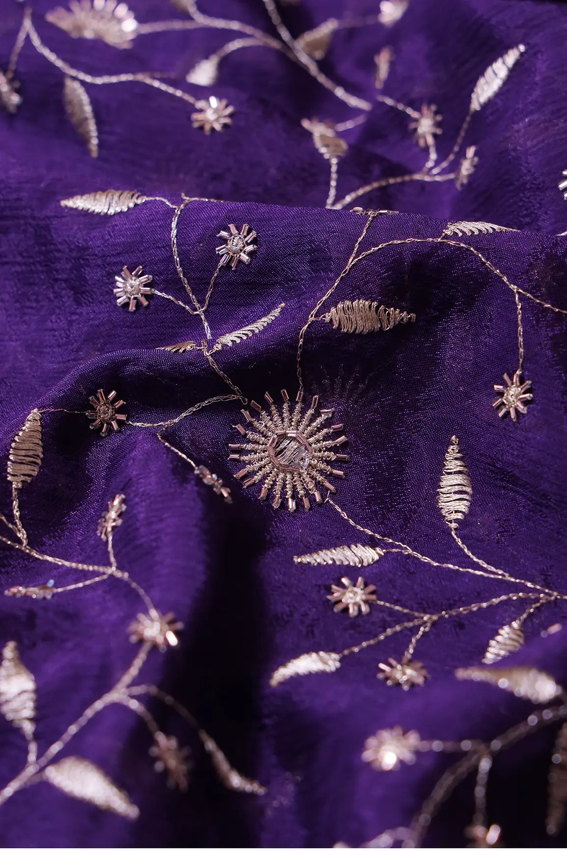 Gold Beads With Gold Zari Floral Embroidery On Purple Chinnon Chiffon Fabric