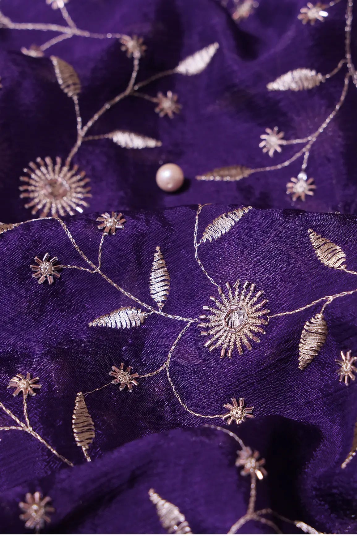 Gold Beads With Gold Zari Floral Embroidery On Purple Chinnon Chiffon Fabric