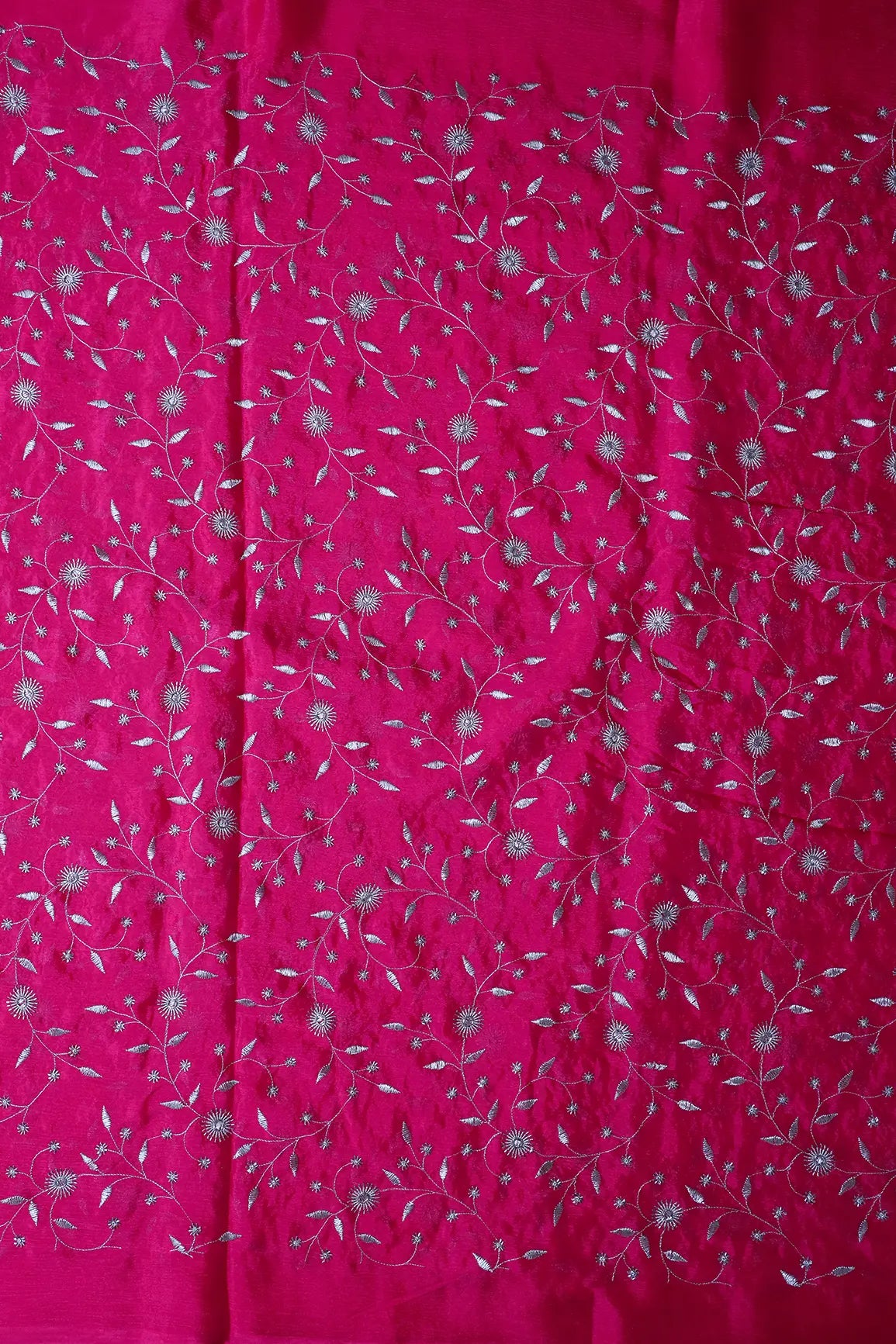 Gold Beads With Gold Zari Floral Embroidery On Fuchsia Chinnon Chiffon Fabric