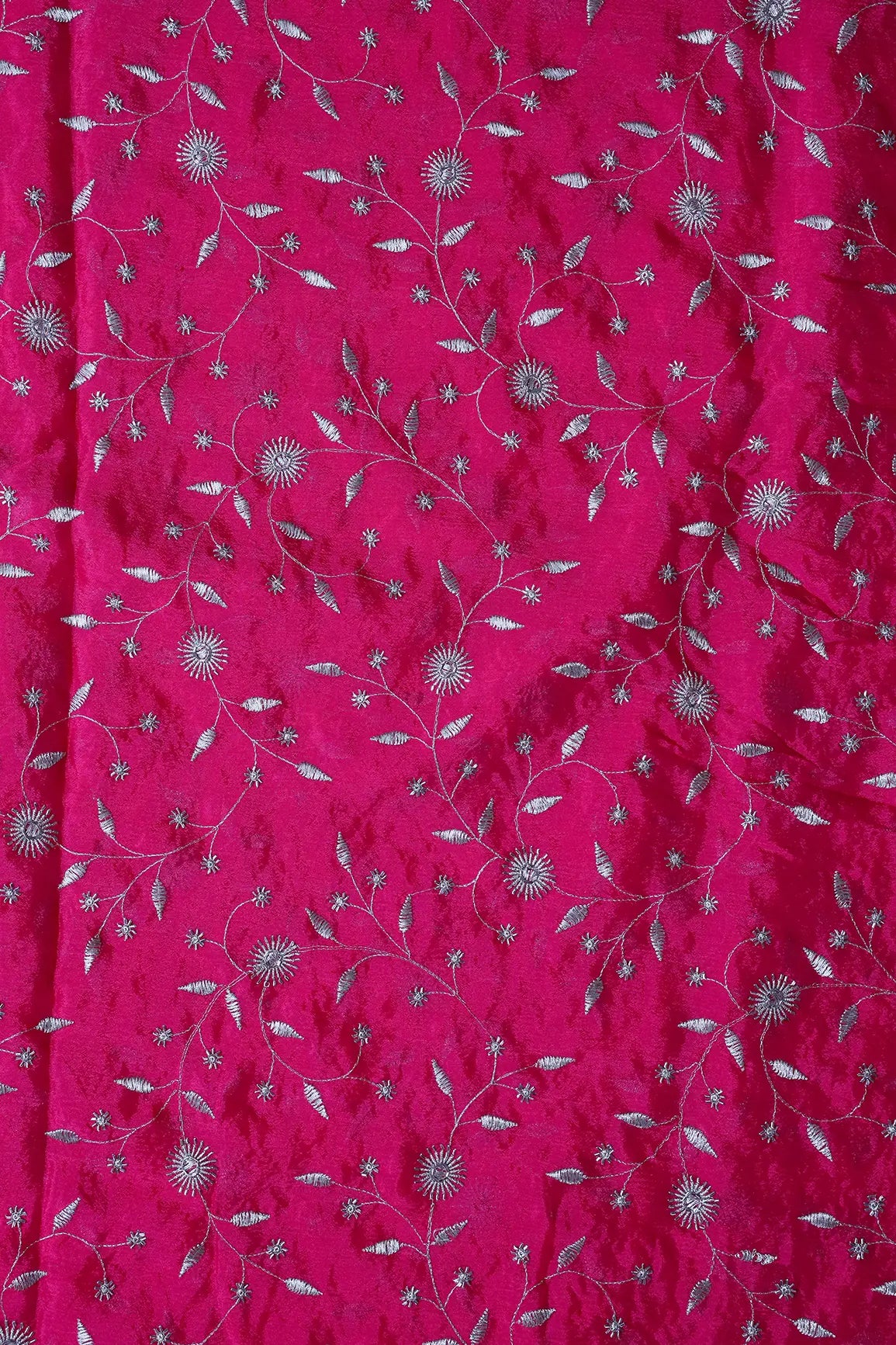 Gold Beads With Gold Zari Floral Embroidery On Fuchsia Chinnon Chiffon Fabric