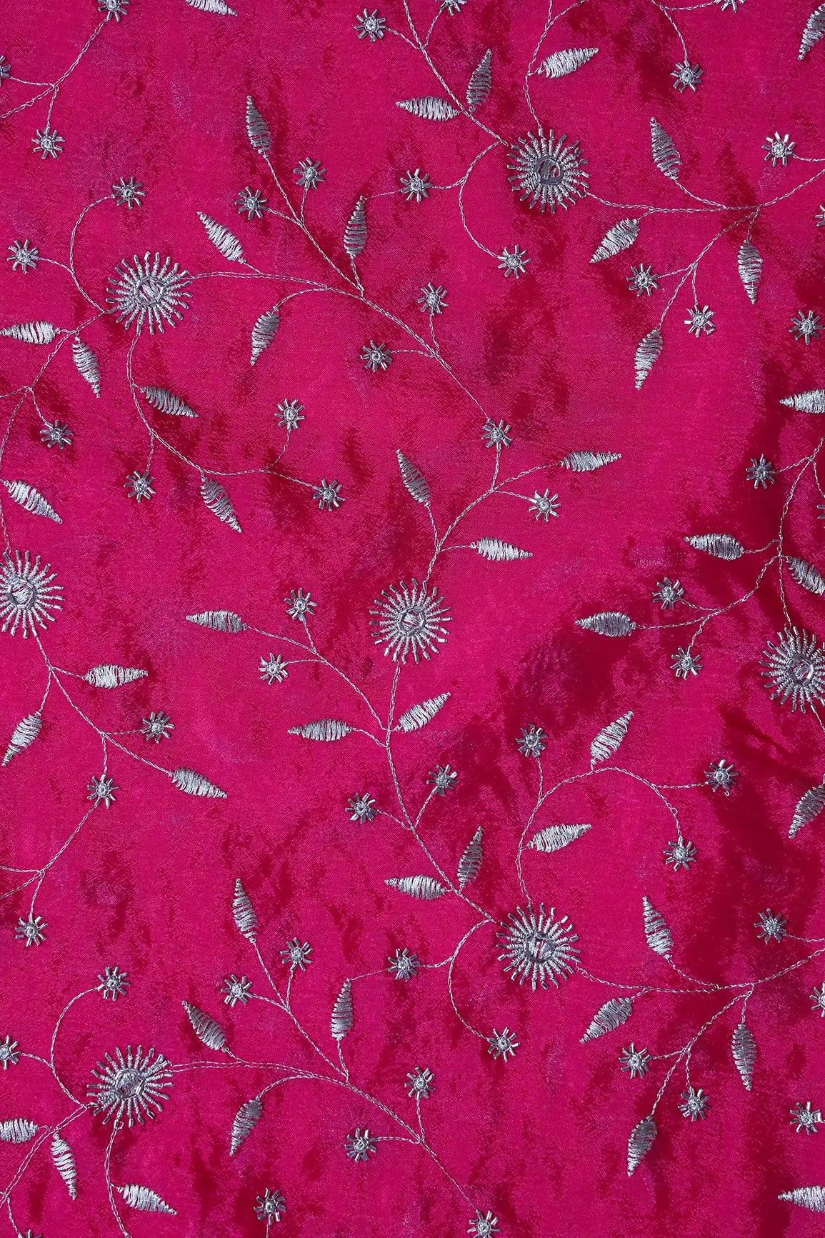 Gold Beads With Gold Zari Floral Embroidery On Fuchsia Chinnon Chiffon Fabric