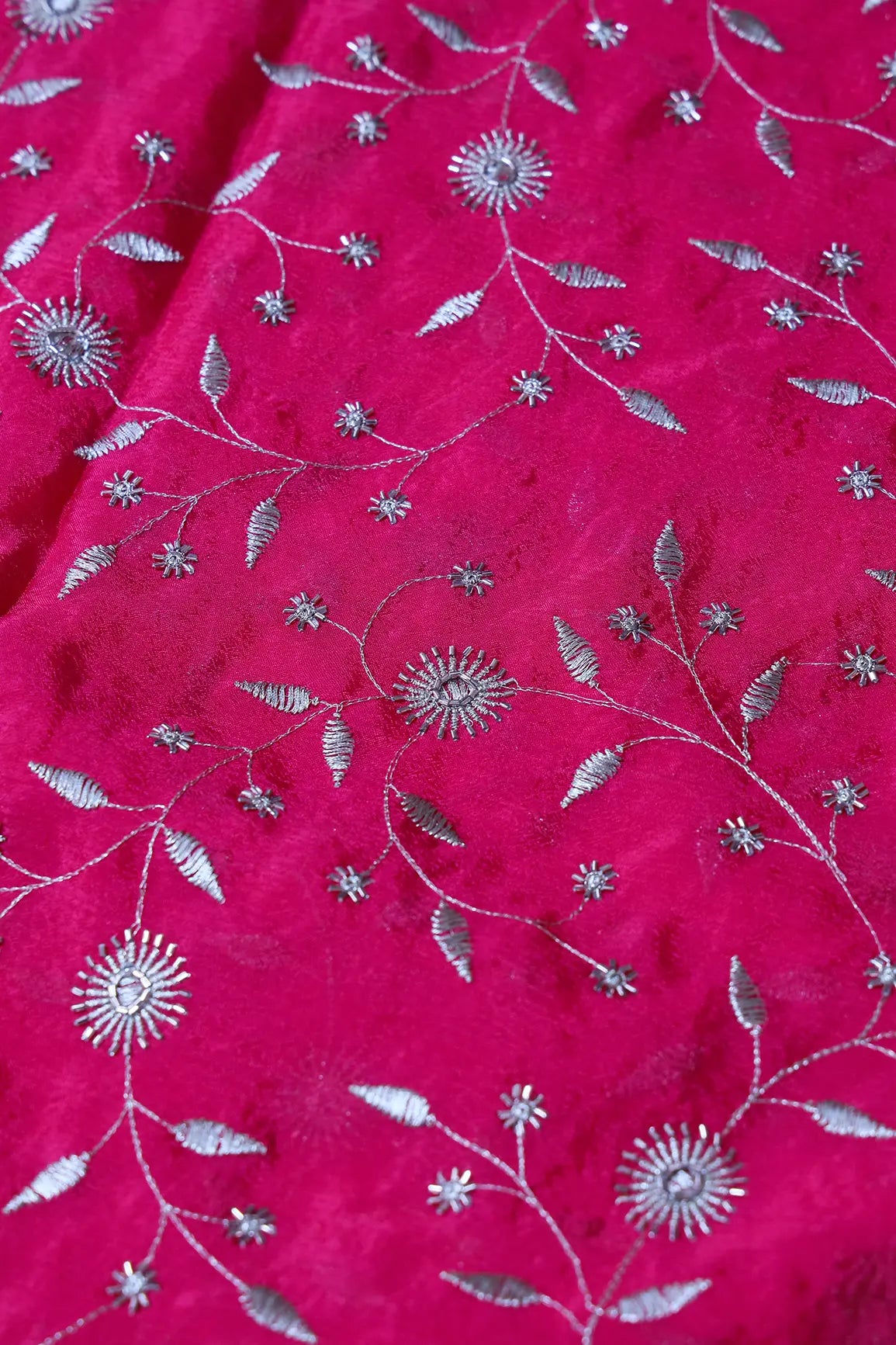 Gold Beads With Gold Zari Floral Embroidery On Fuchsia Chinnon Chiffon Fabric