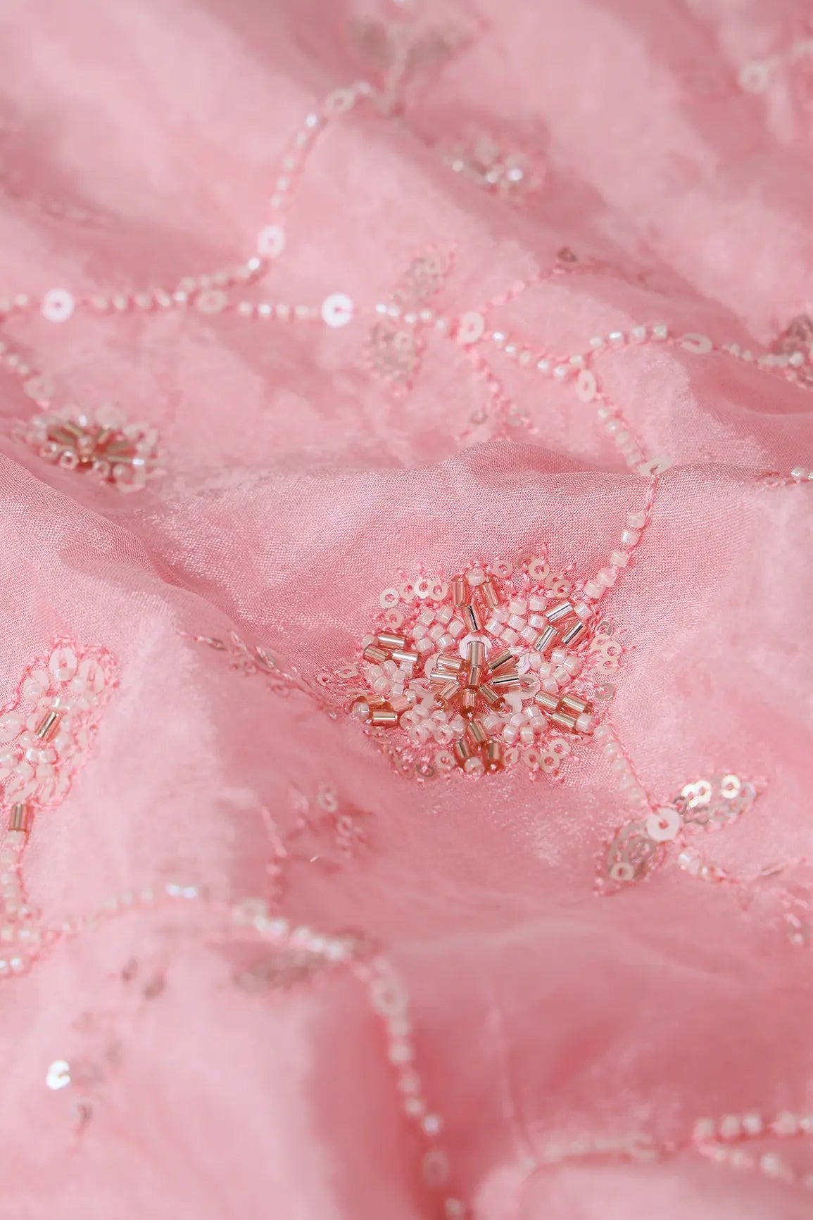 White Beads And Sequins Floral Embroidery On Pink Chinnon Chiffon Fabric