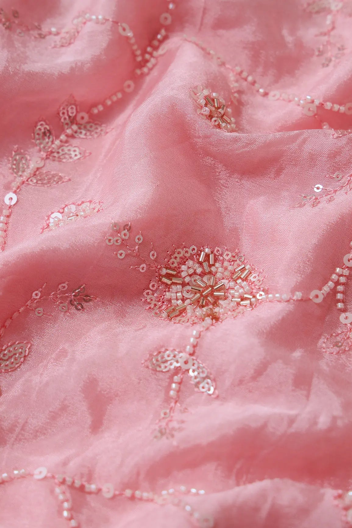 White Beads And Sequins Floral Embroidery On Pink Chinnon Chiffon Fabric