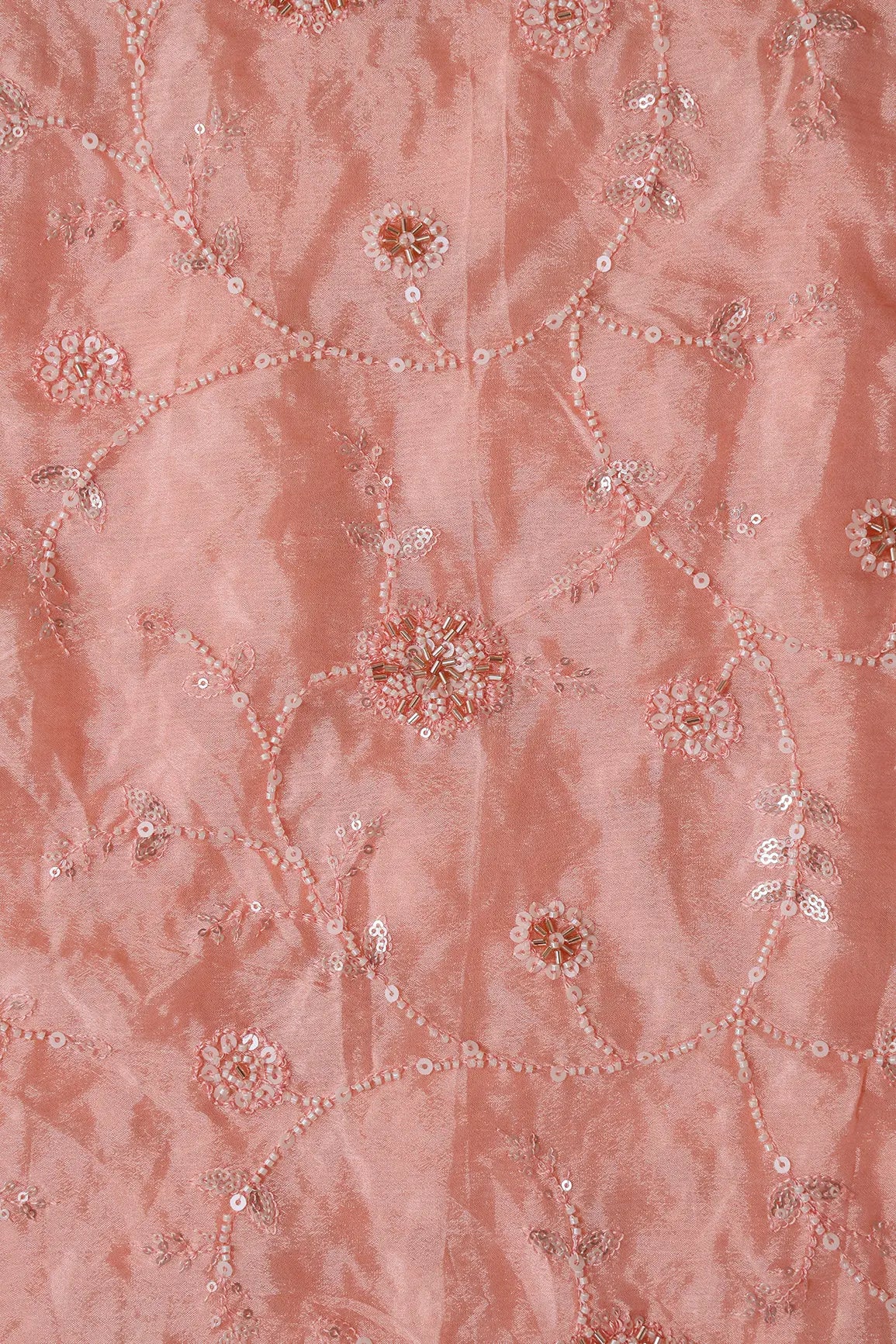 White Beads And Sequins Floral Embroidery On Peach Chinnon Chiffon Fabric