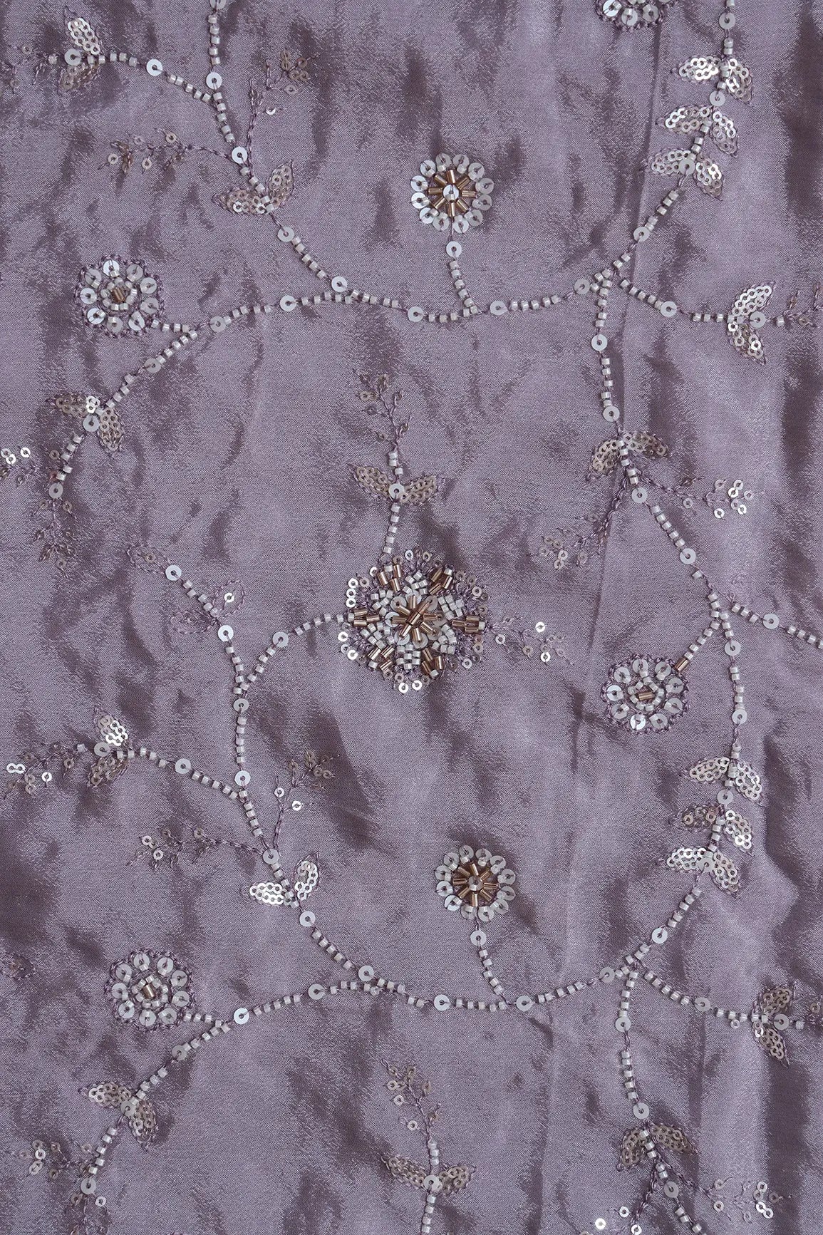 White Beads And Sequins Floral Embroidery On Fossil Grey Chinnon Chiffon Fabric